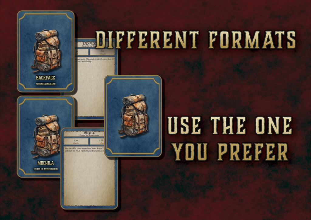 Equipo de Aventureros en diferentes formatos de cartas de mochila y su uso en juegos de rol