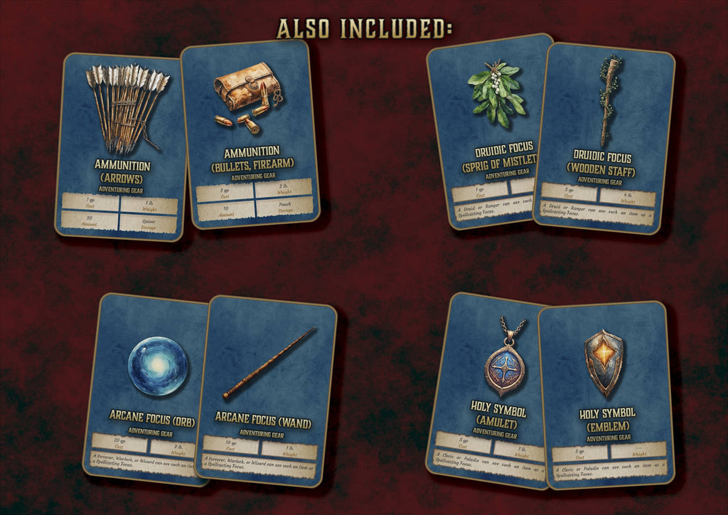 Tarjetas de juego de Equipo de Aventureros con armas, objetos mágicos y símbolos religiosos