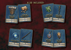 Tarjetas de juego de Equipo de Aventureros con armas, objetos mágicos y símbolos religiosos