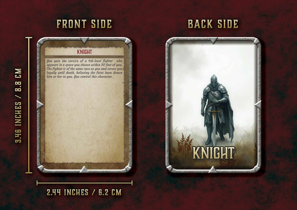 Baraja Multiples Cosas D&D 5E con diseño de caballero, frente y reverso detallados