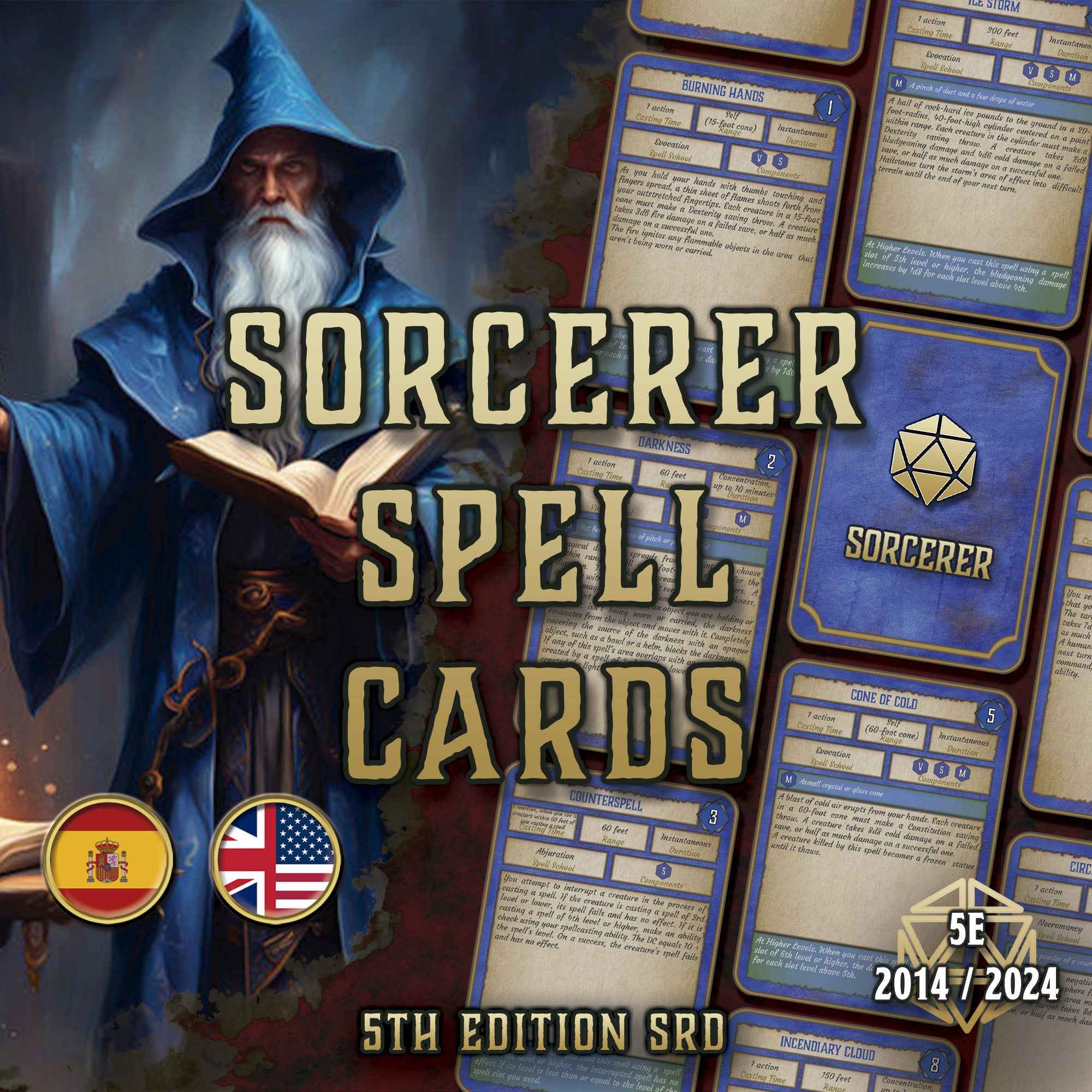 Cartas De Conjuros DnD 5E Hechicero 2014 Y 2024 Imprimible Digital