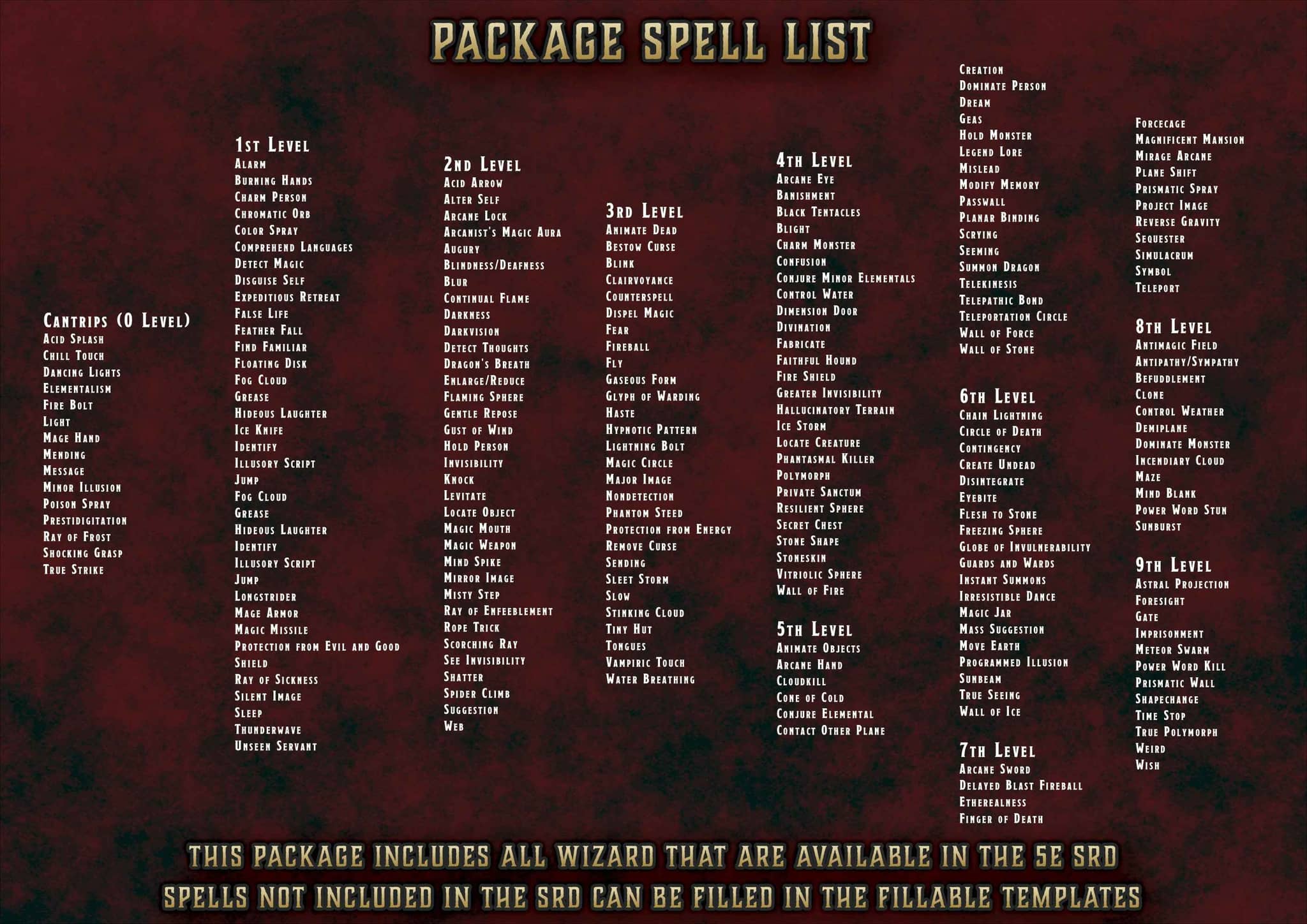 Lista de hechizos imprimible digital para DnD, incluye Cartas Conjuros DnD Mago Imprimible Digital