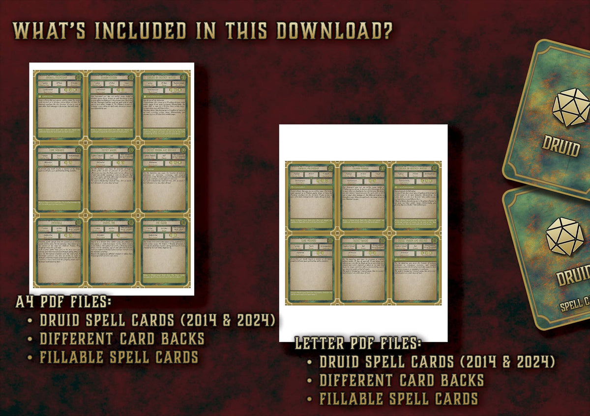 Producto digital Cartas Conjuros Druida para D&D 5E con archivos PDF llenables
