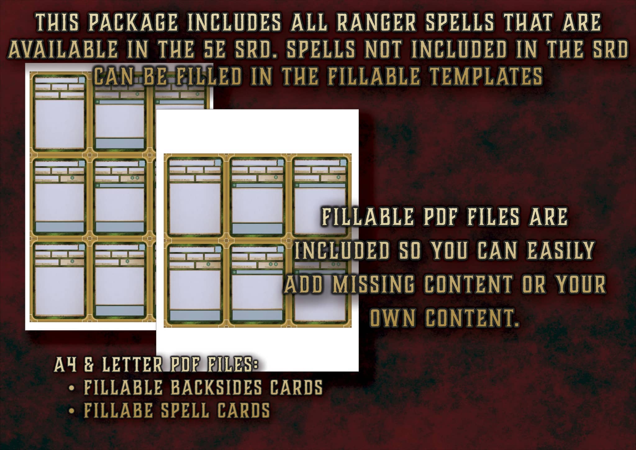 Cartas Conjuros Explorador D&D 5E con plantillas rellenables para personalizar contenido