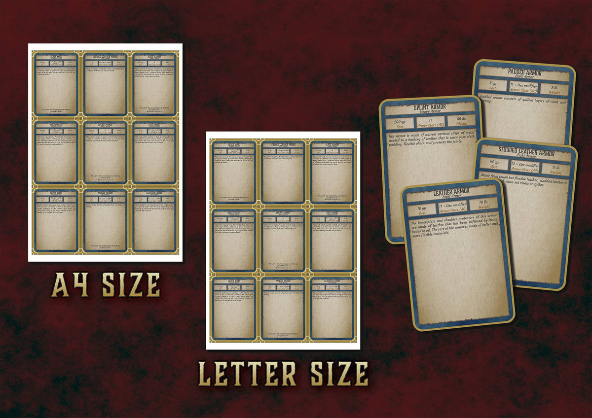Cartas de Armaduras D&D 5E A4 y tamaño carta con diseño clásico para tus aventuras.