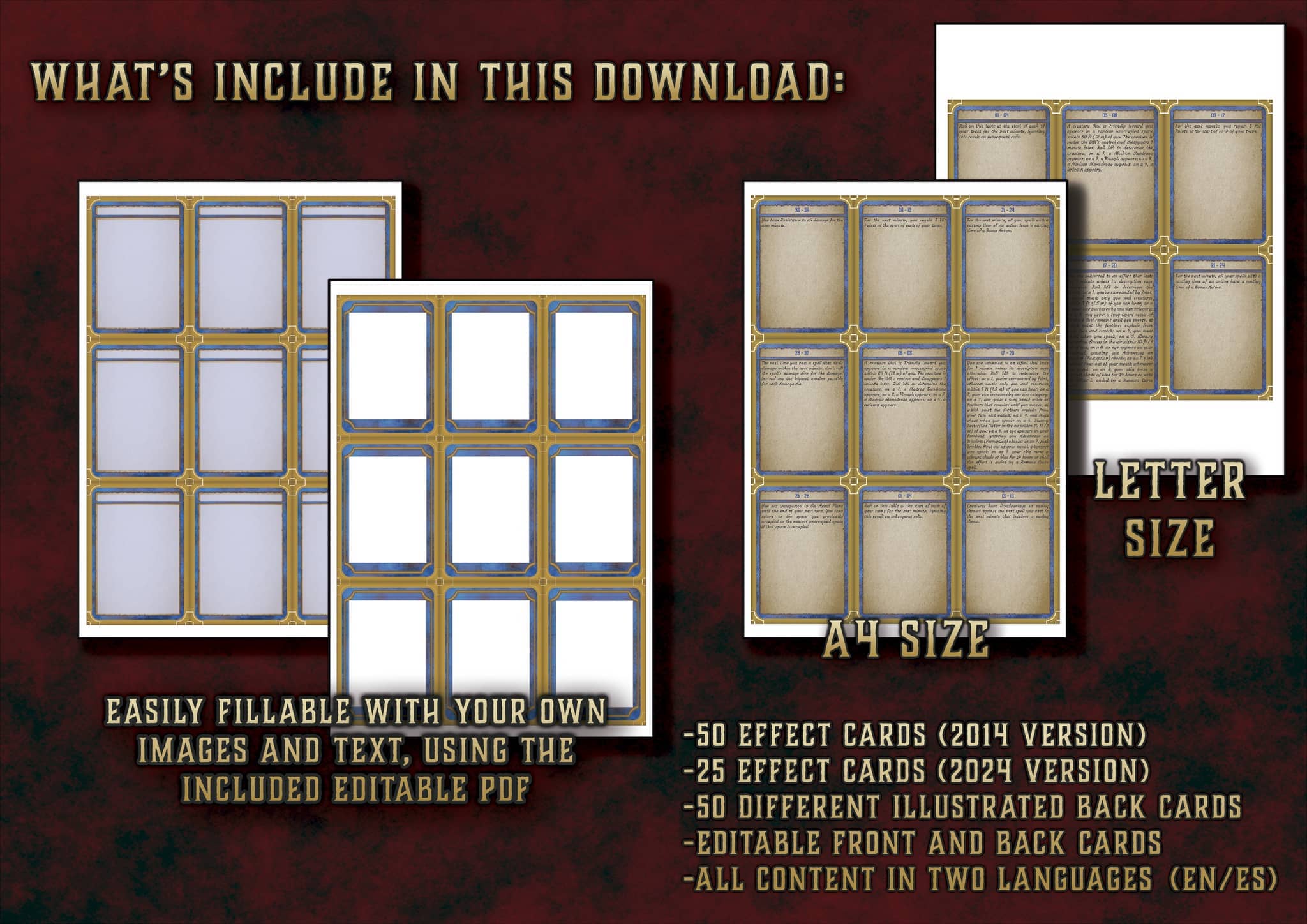 Producto digital Cartas de Magia Salvaje D&D 5E 2024 con plantillas editables para efectos y cartas ilustradas