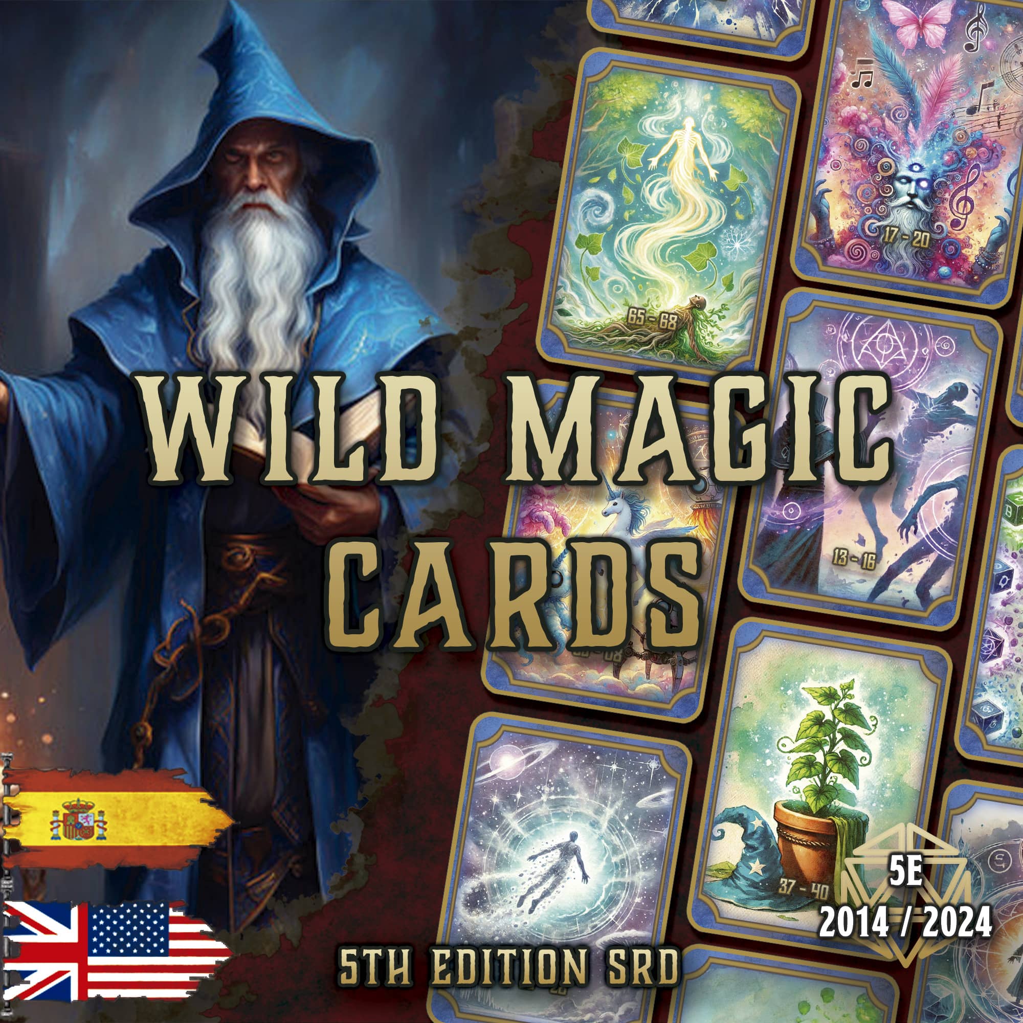 Cartas de Magia Salvaje D&D 5E 2014/2024 con ilustraciones vívidas y efectos mágicos