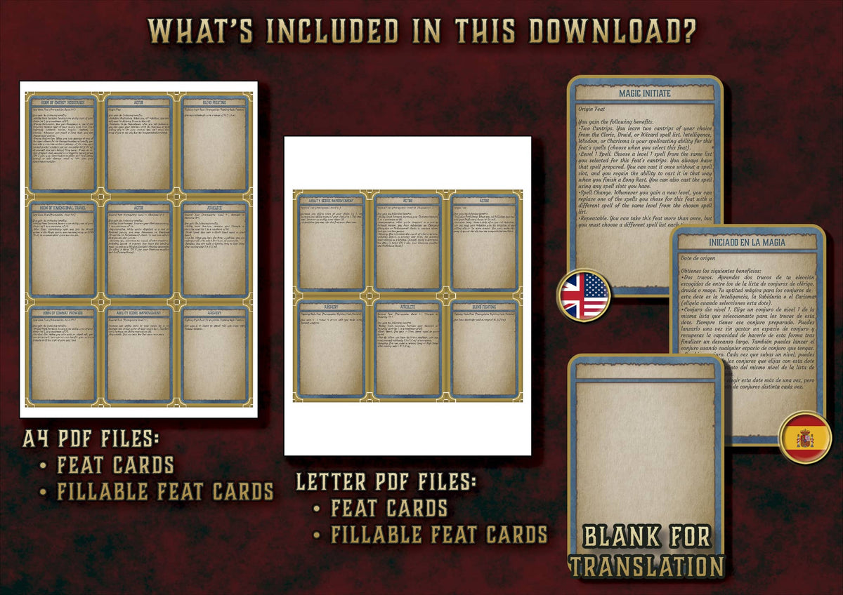 Producto digital Cartas Dotes D&D 5E 2023 con archivos PDF imprimibles y editables