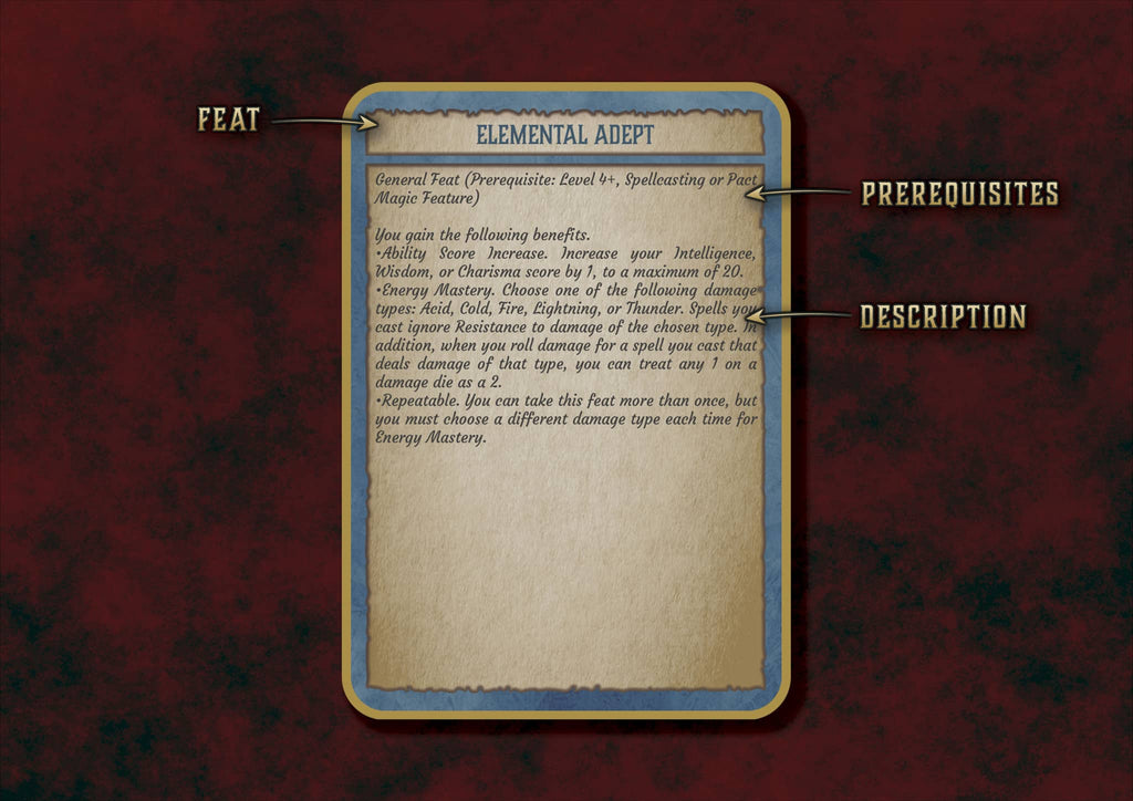 Producto digital Cartas Dotes para D&D 5E Elemental Adept con requisitos y descripción
