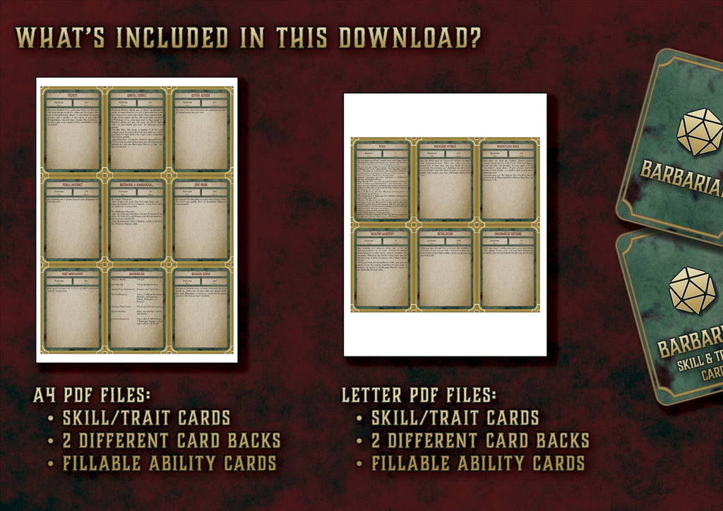 Cartas Habilidades Barbaro D&D 5E con diseños imprimibles y tarjetas rellenables para los jugadores