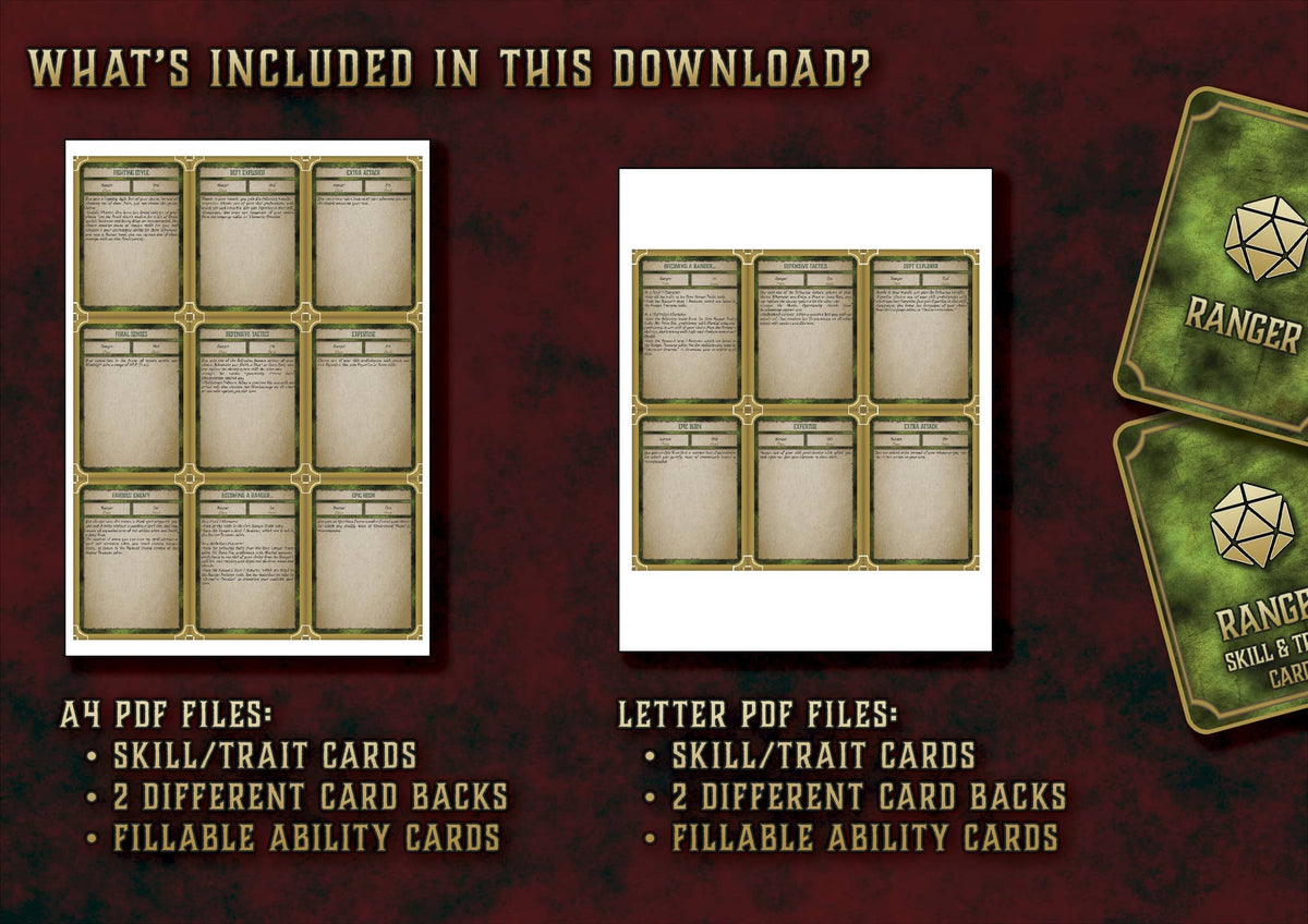 Cartas Habilidades Explorador D&D 5E con archivos PDF llenables para habilidades y diseños de cartas