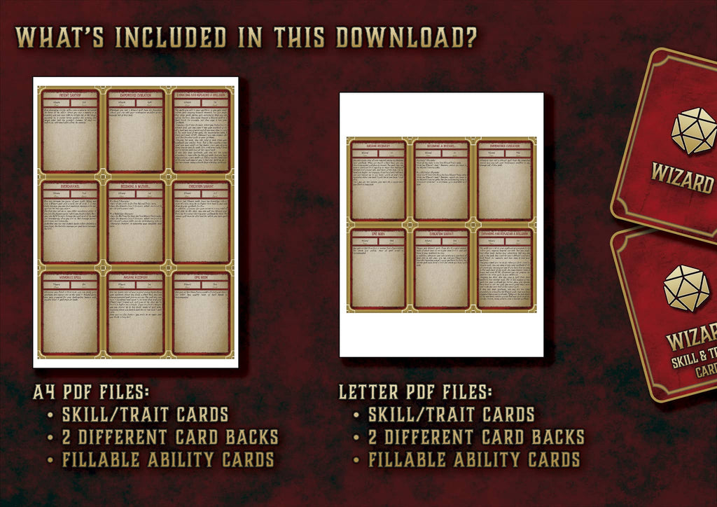 Producto digital Cartas Habilidades Mago D&D 5E con archivos PDF rellenables para personajes