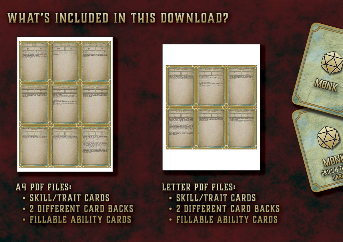 Cartas Habilidades Monje para D&D 5E con archivos PDF A4 y carta, tarjetas rellenables