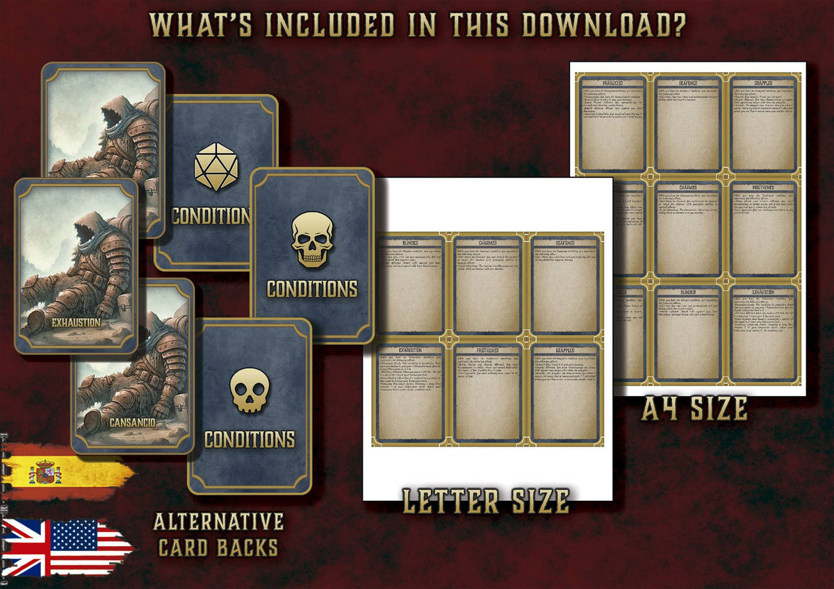 Producto digital Cartas Ilustradas Condiciones D&D 5E con diseño para A4 y tamaño carta