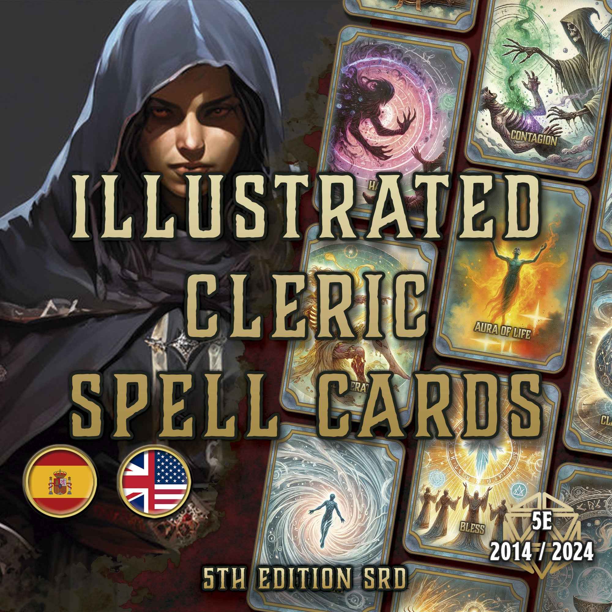 Cartas Ilustradas De Conjuros DnD 5E Clerigo 2014 Y 2024 Imprimible Digital