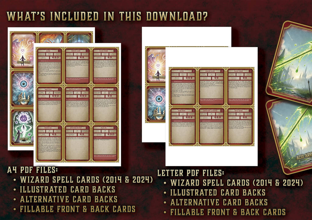 Cartas Ilustradas Conjuros Mago D&D 5E, incluye archivos PDF con diferentes diseños de cartas