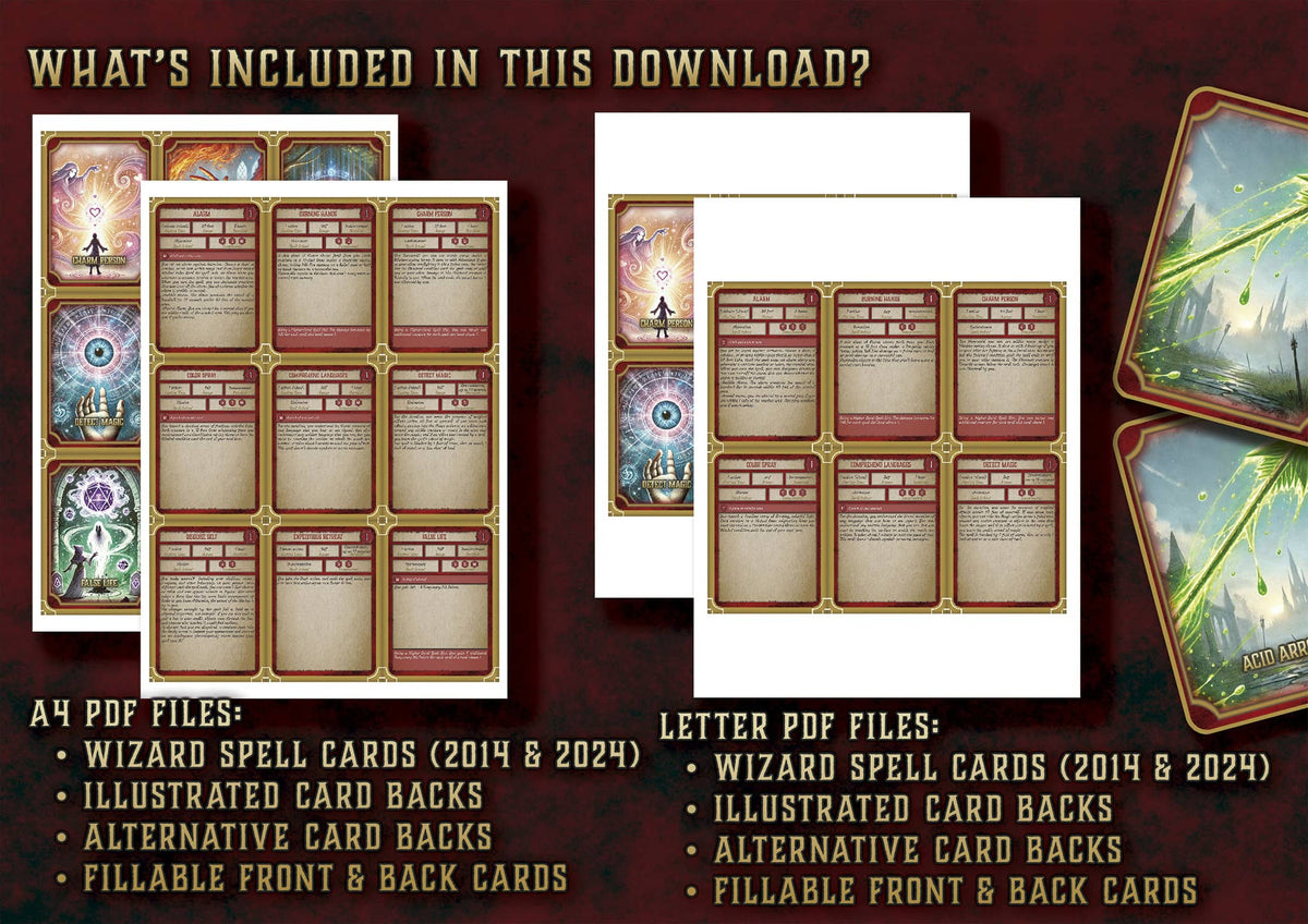 Cartas Ilustradas Conjuros Mago D&D 5E, incluye archivos PDF con diferentes diseños de cartas