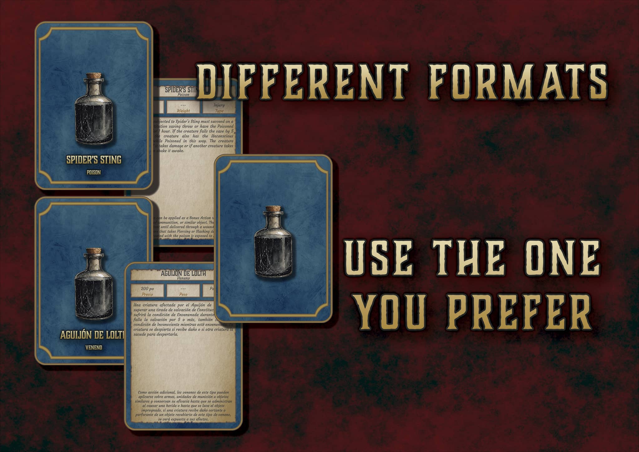 Cartas venenos en diferentes formatos para el juego, incluyendo opciones para personalizar la experiencia