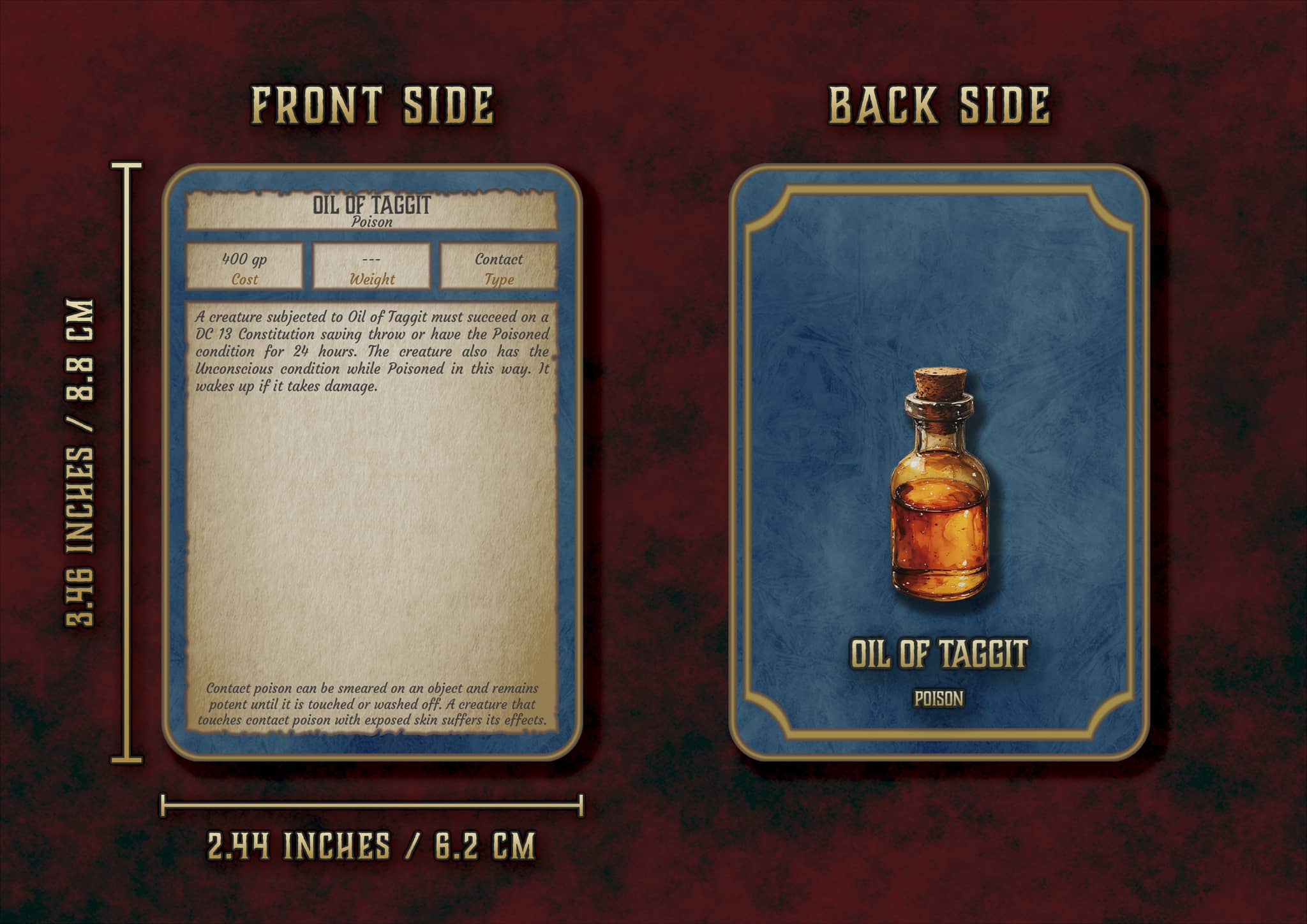 Cartas venenos en formato digital con ilustraciones y detalles de aceite de Taggit para juegos de rol