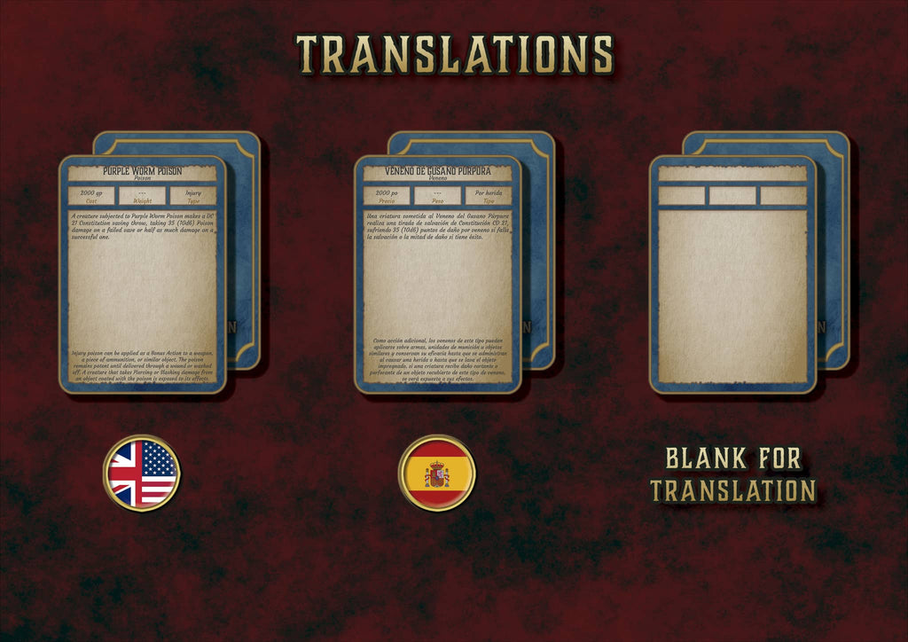 Cartas venenos digitales de Cibola Designs con traducciones en inglés y español