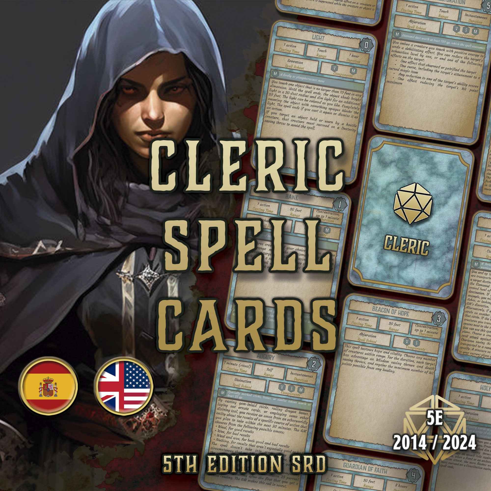 Cartas De Conjuros DnD 5E Clerigo 2014 Y 2024 Imprimible Digital