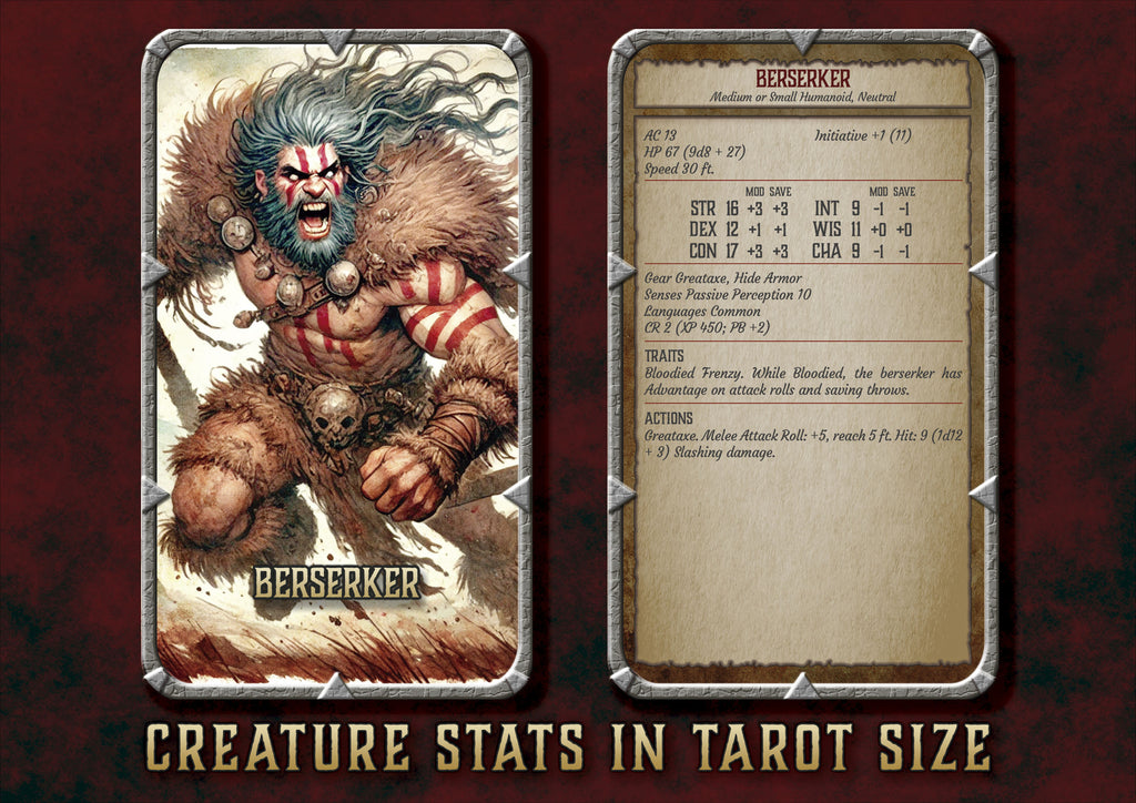 Tarjeta de Berserker de Cibola Designs con estadisticas de criatura en tamano tarot