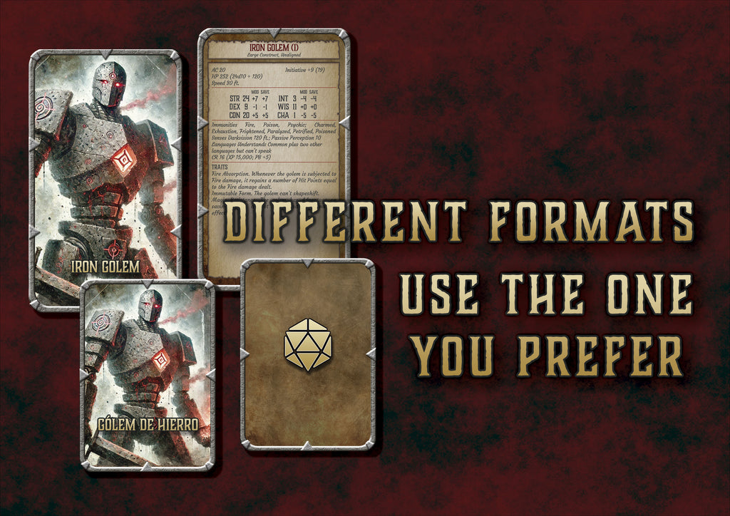 Tarjetas de juego del Golem de Hierro en diferentes formatos de Cibola Designs para opciones personalizables
