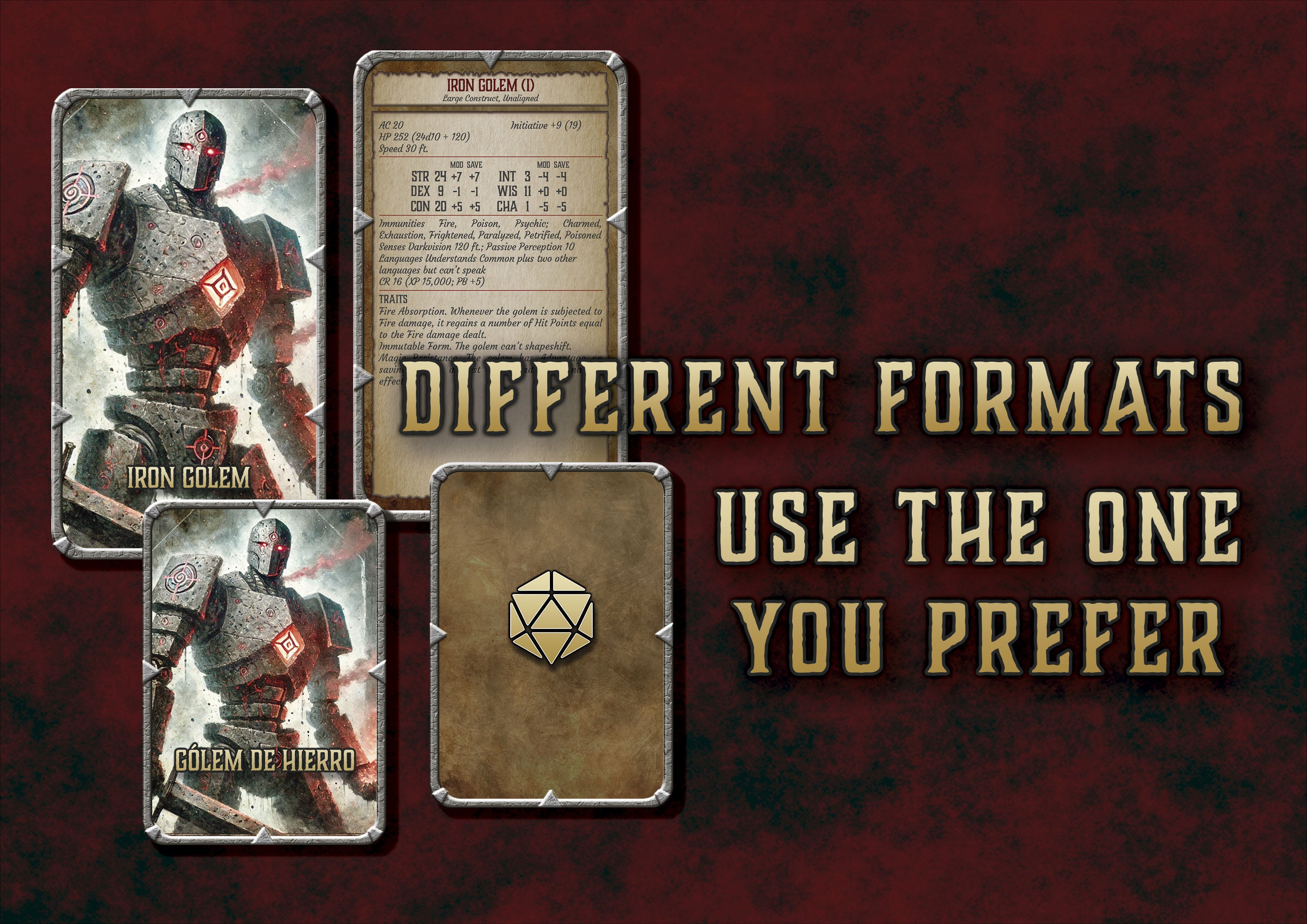 Tarjetas de juego del Golem de Hierro en diferentes formatos de Cibola Designs para opciones personalizables