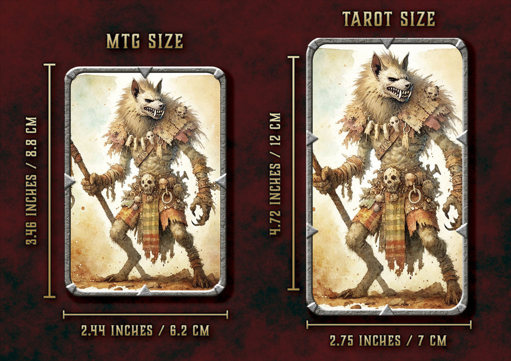 Ilustracion de personajes en tamano MTG y Tarot de Cibola Designs, con medidas y detalles visibles
