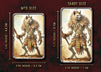 Ilustracion de personajes en tamano MTG y Tarot de Cibola Designs, con medidas y detalles visibles