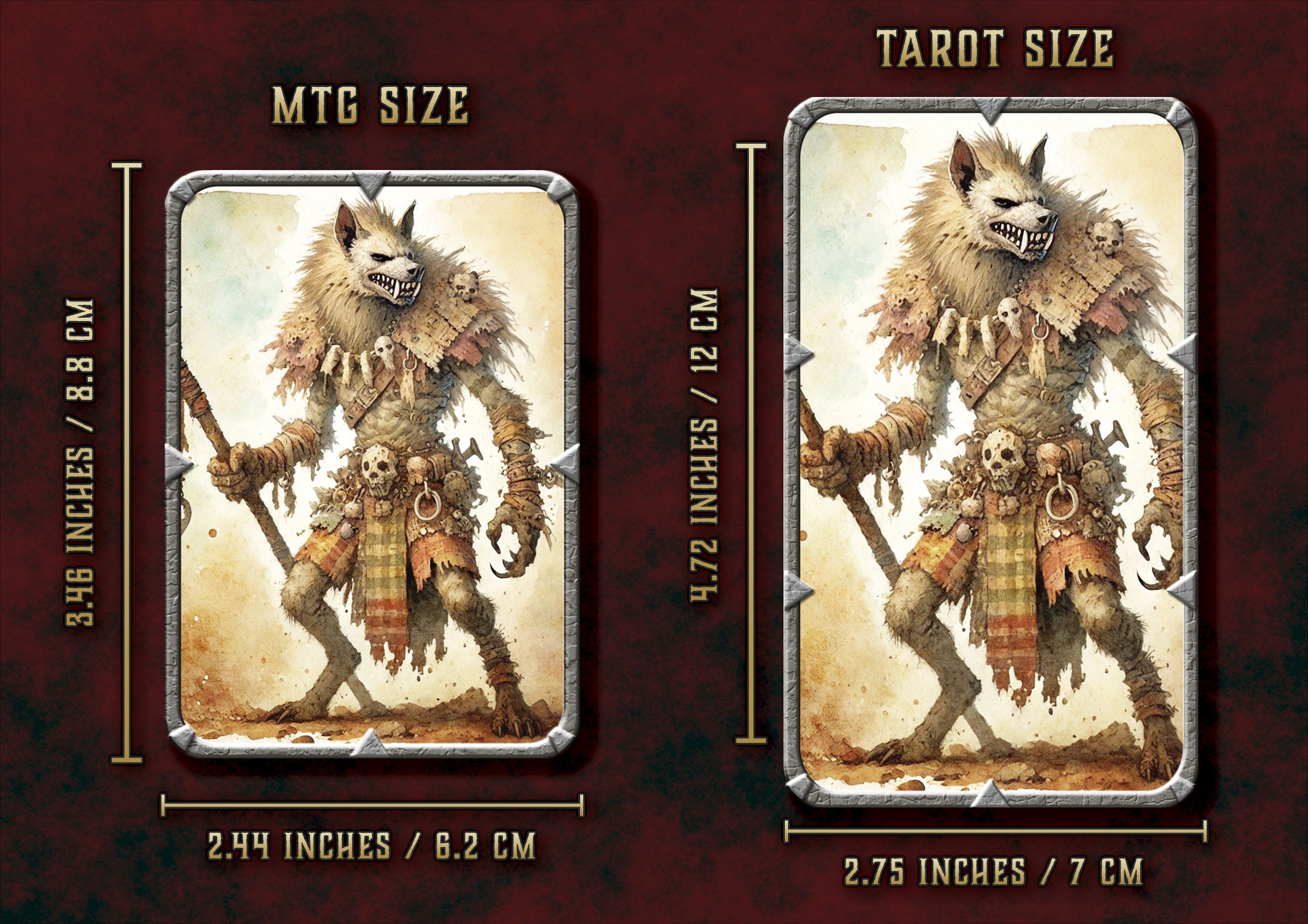 Ilustracion de personajes en tamano MTG y Tarot de Cibola Designs, con medidas y detalles visibles