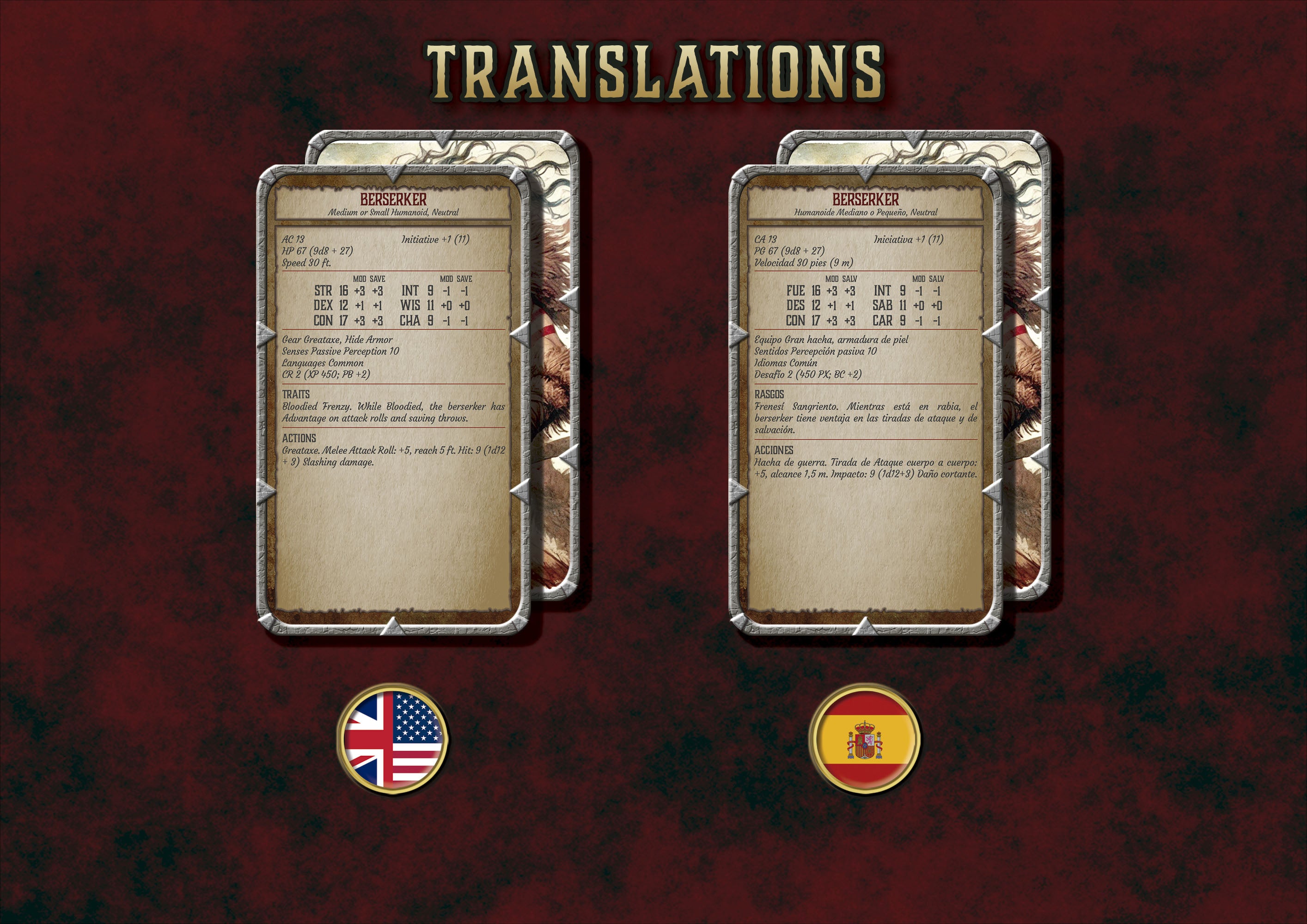 Tarjetas de traduccion del juego de mesa con informacion en ingles y espanol