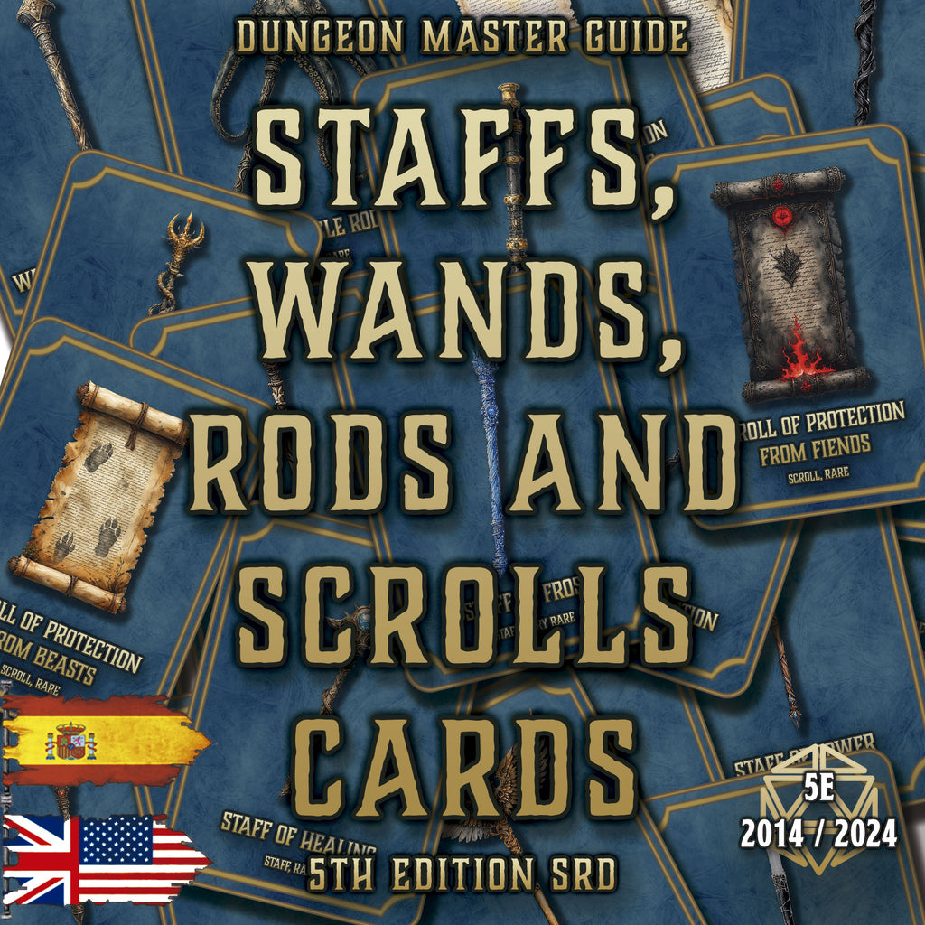 Dungeon Master Guide con cartas de bastones, varitas, y pergaminos para la 5ta edición SRD