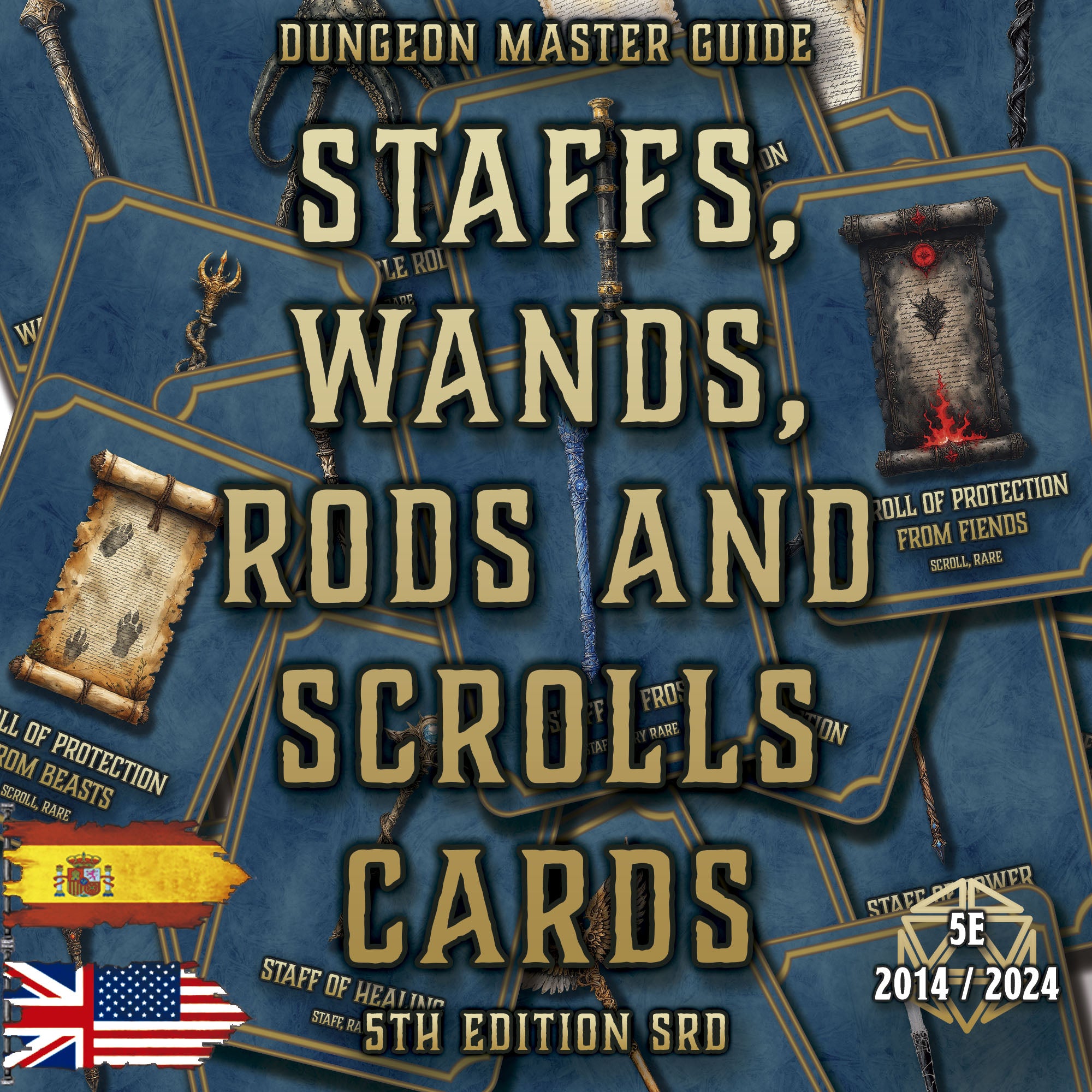 Dungeon Master Guide con cartas de bastones, varitas, y pergaminos para la 5ta edición SRD