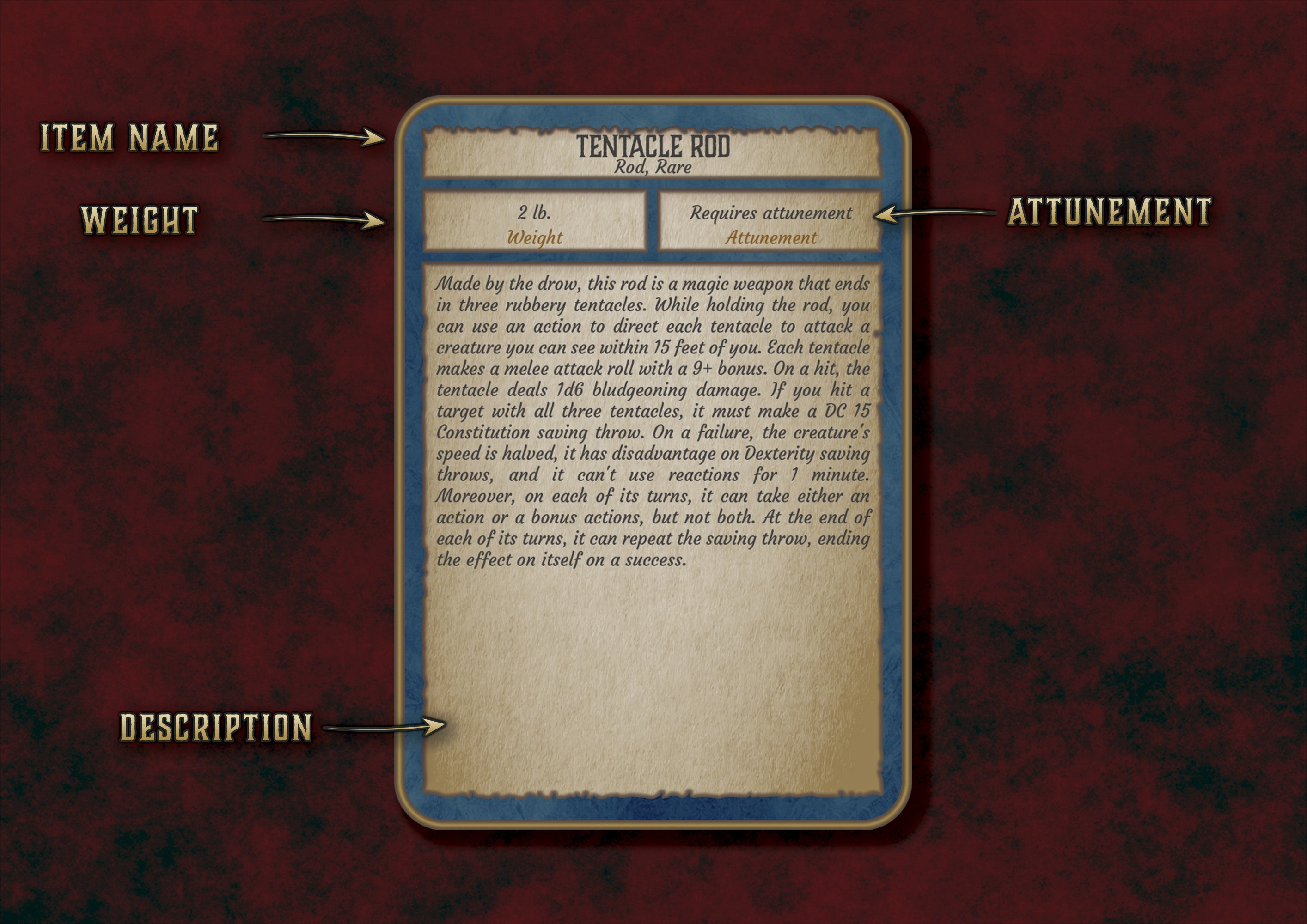 Guía del Dungeon Master con detalles sobre el uso del Bastón Tentáculo y sus requisitos