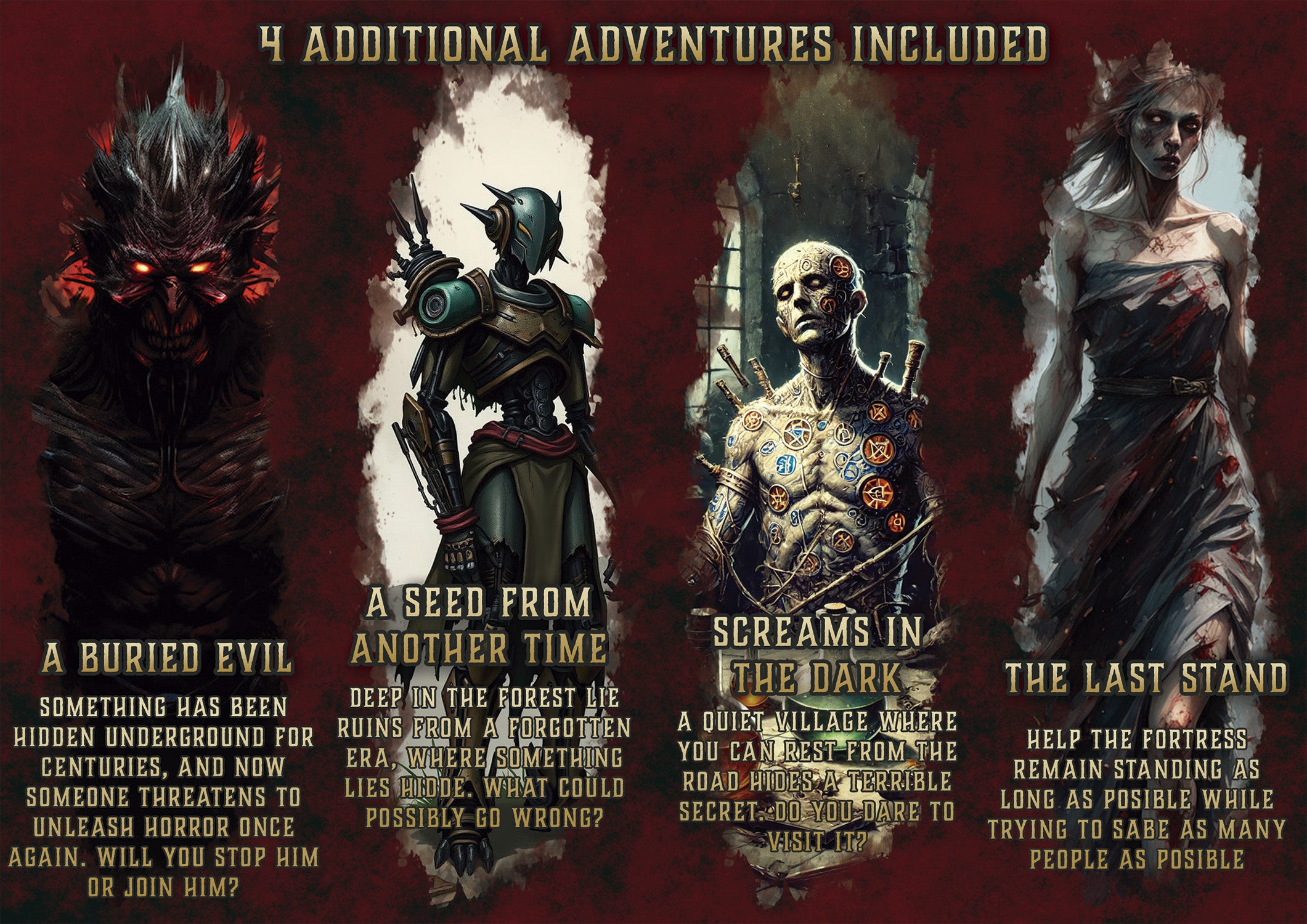 Portada digital de Cibola Designs mostrando cuatro aventuras oscuras y monstruos Fantasmas de un Mundo Olvidado