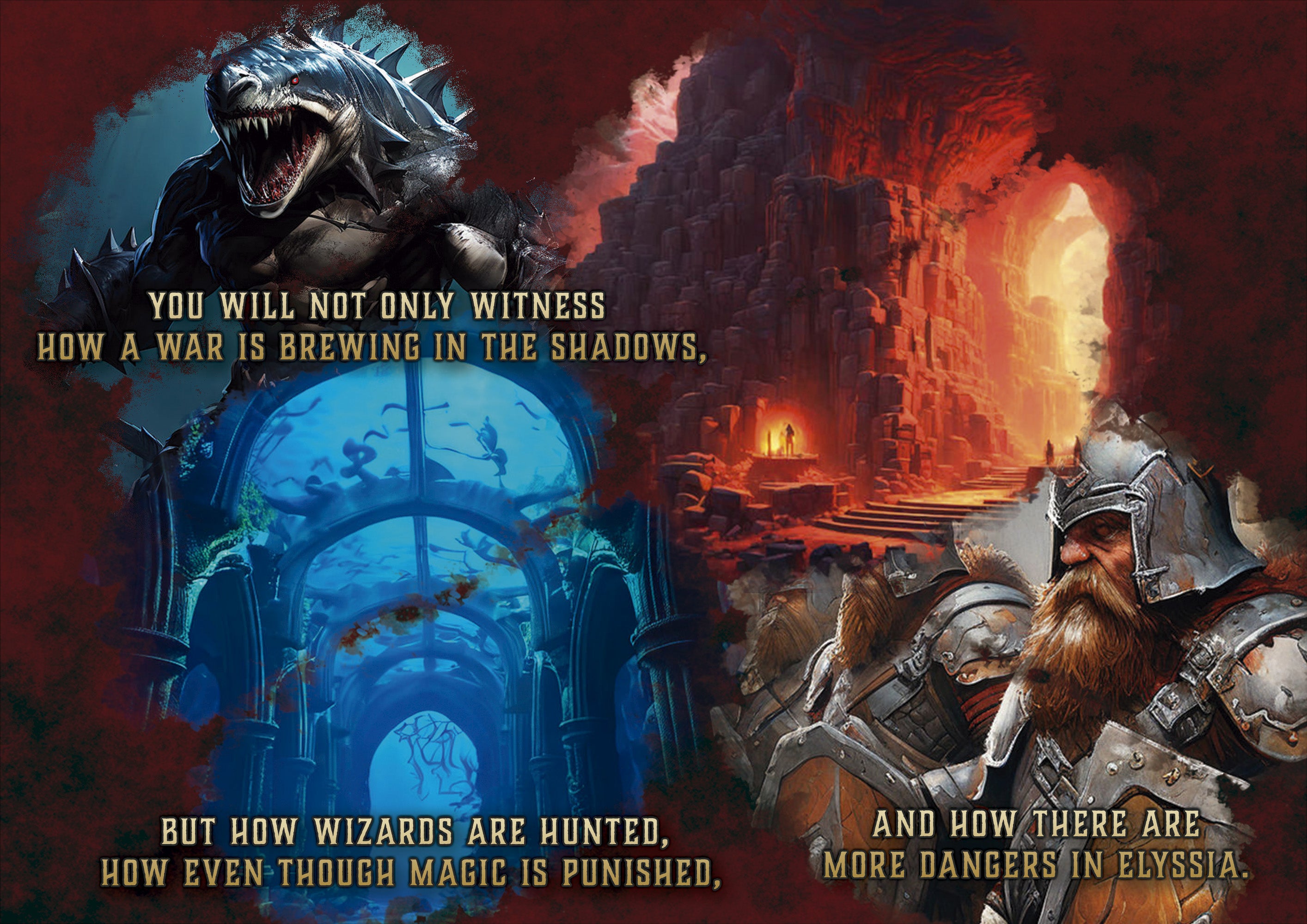 Imagen digital de Cibola Designs con guerreros en armadura, bestia feroz y ruinas misticas, Fantasmas de un Mundo Olvidado