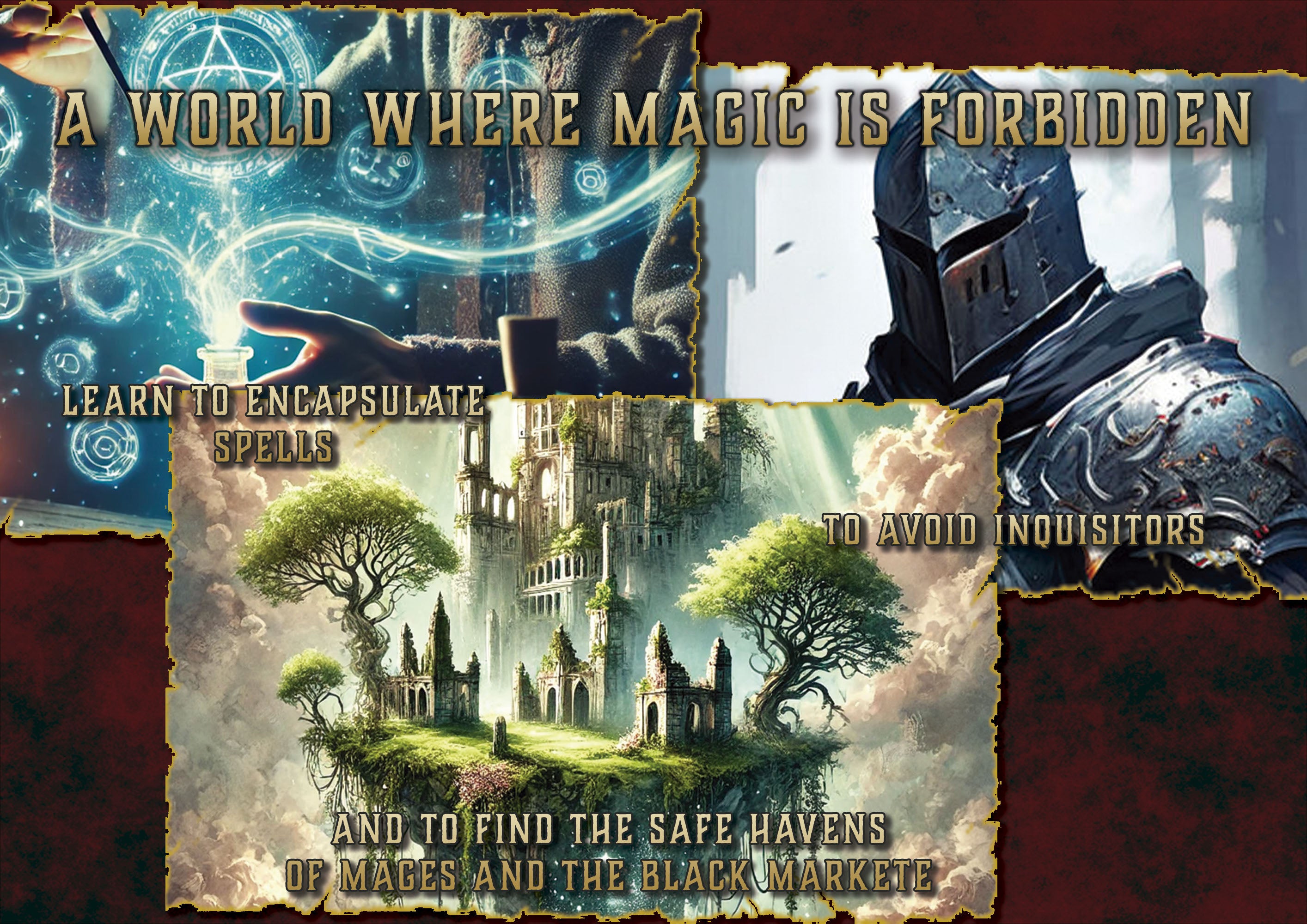 Portada digital de Cibola Designs Fantasmas de un Mundo Olvidado caballero magia prohibida y ciudad en ruinas