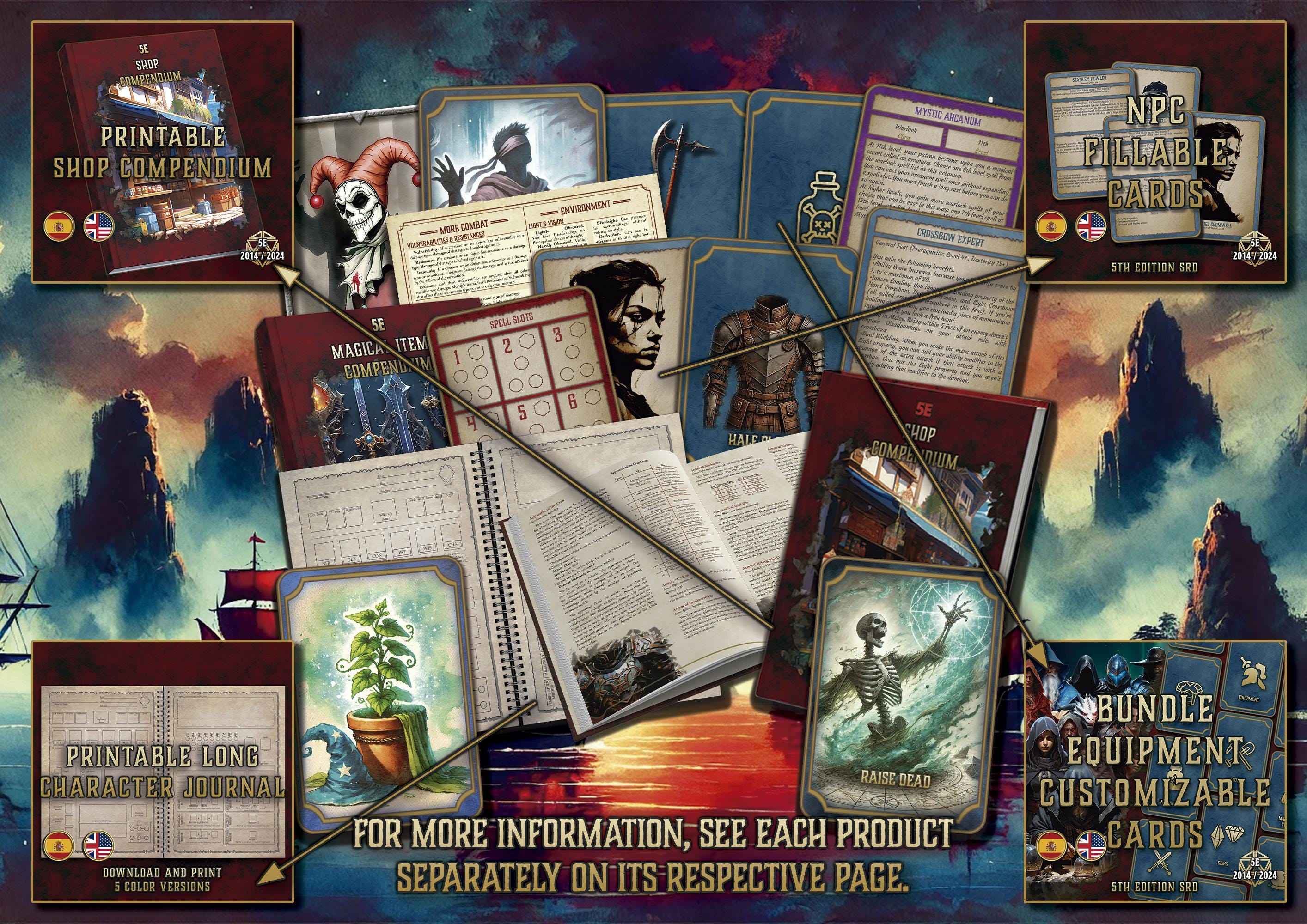 Paquete digital El Archivo del Aventurero con cartas, diarios de personajes y equipo imprimible para juegos de rol