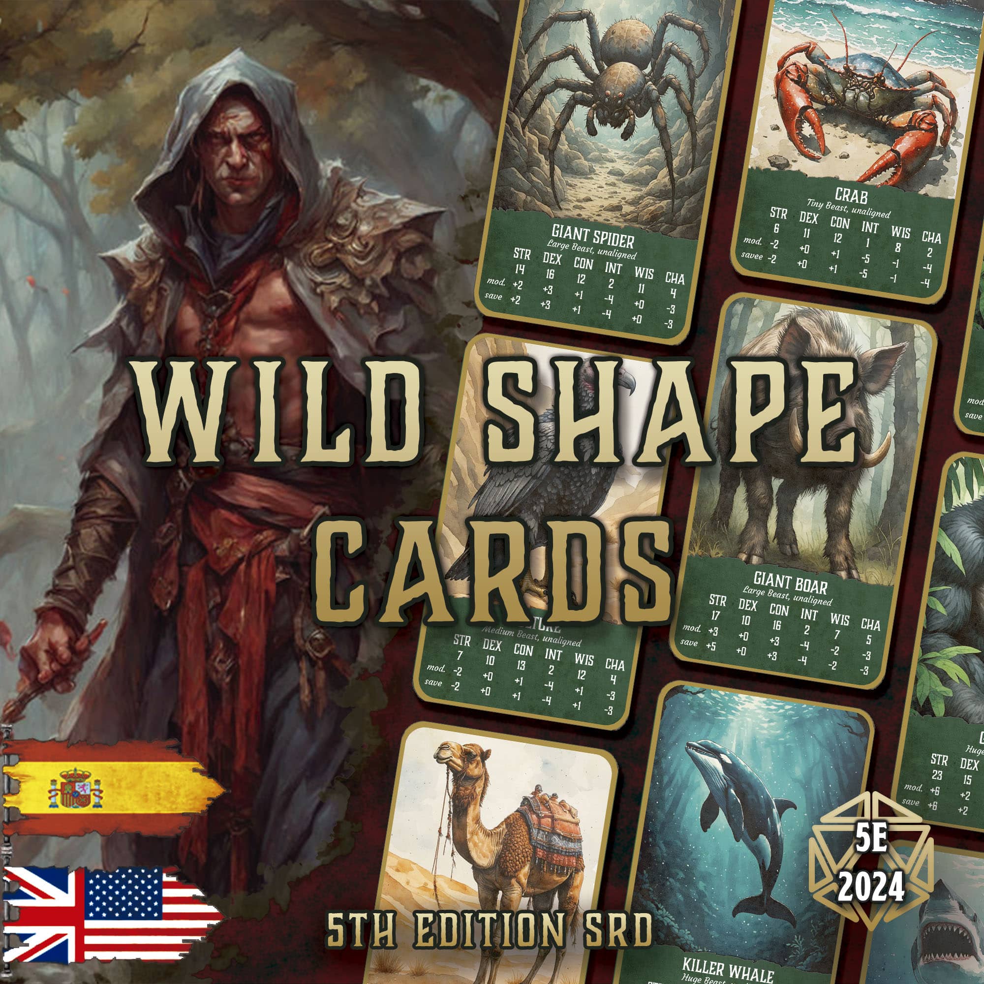 Cartas de Formas Salvajes para D&D 5E 2024 con ilustraciones de criaturas místicas