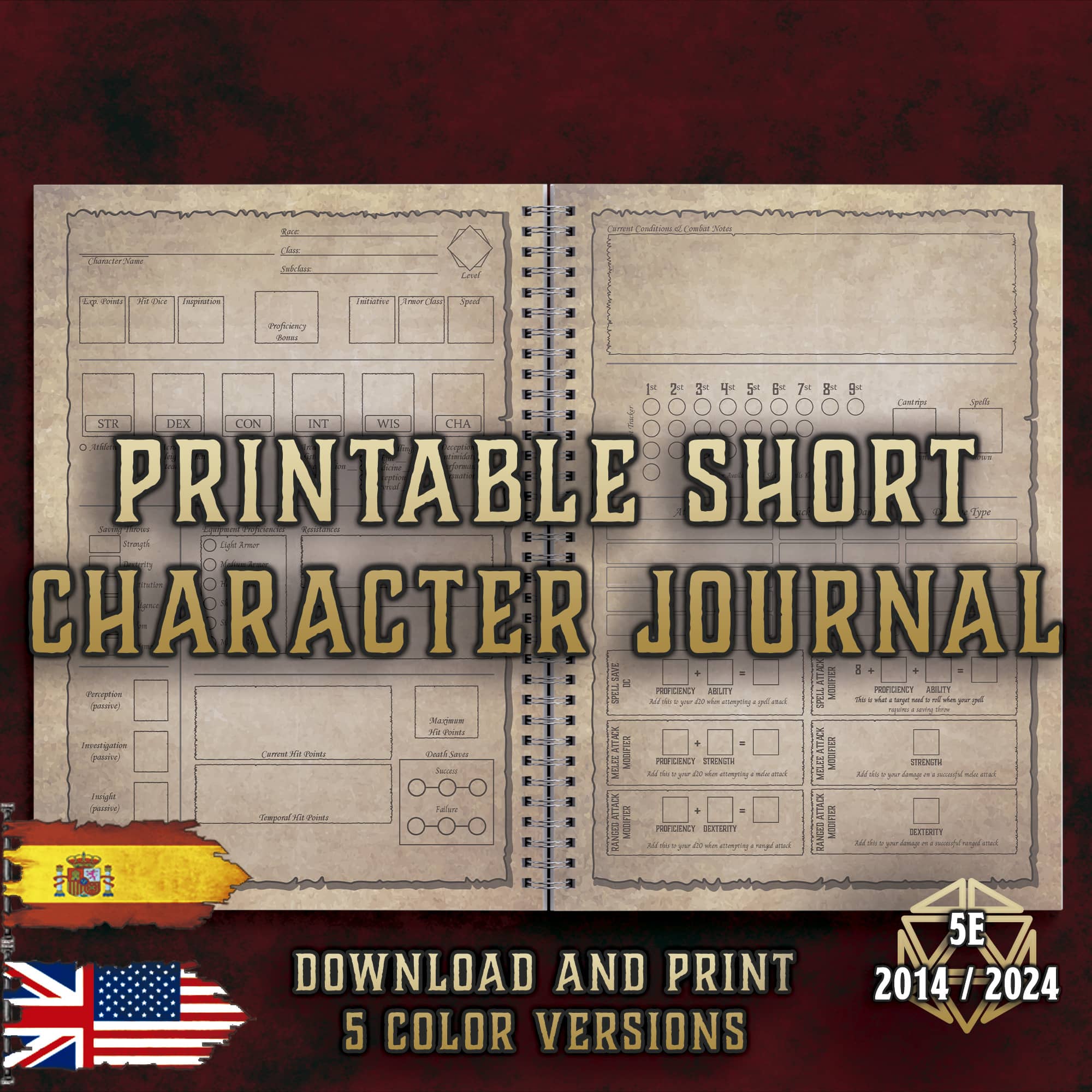 Hojas Personaje producto digital D&D 5E 2014-2024 en 5 versiones de color imprimibles