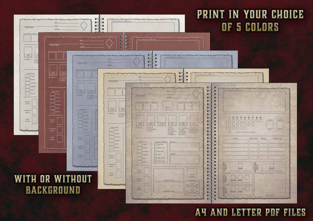 Hojas Personaje para D&D 5E en 5 colores disponibles para imprimir en formatos A4 y carta