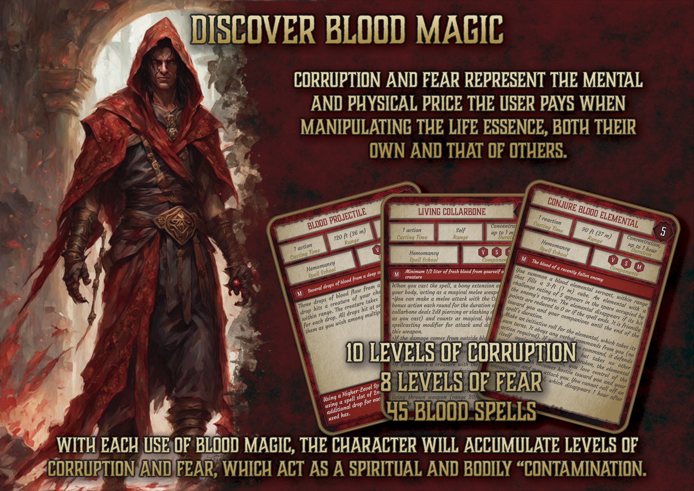 Producto digital Cibola Designs portada de campaña Blood Magic con hechicero encapuchado y cartas de reglas sobre magia