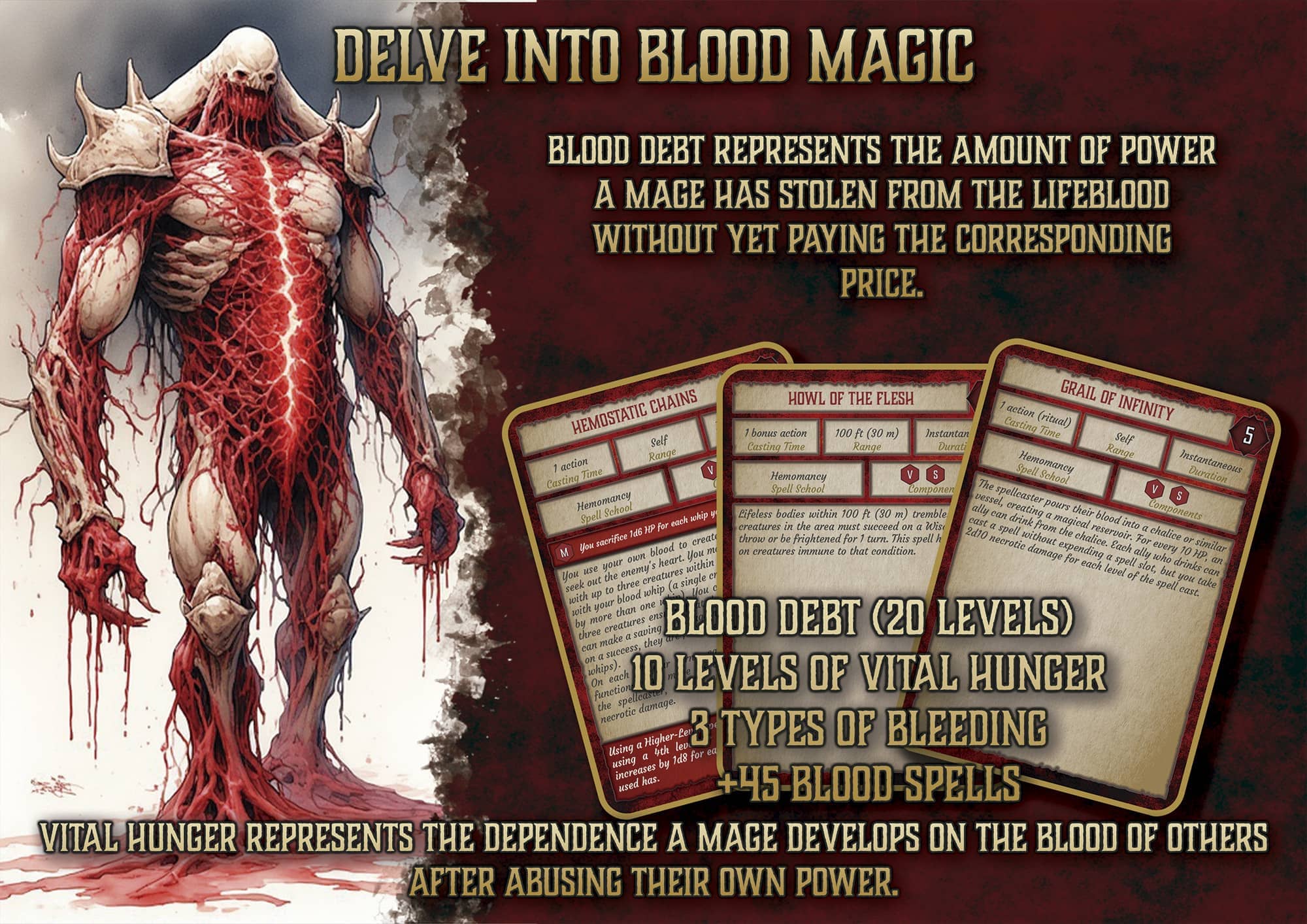 Producto digital magia sangre D&D 5E con 45 hechizos y niveles de hambre vital