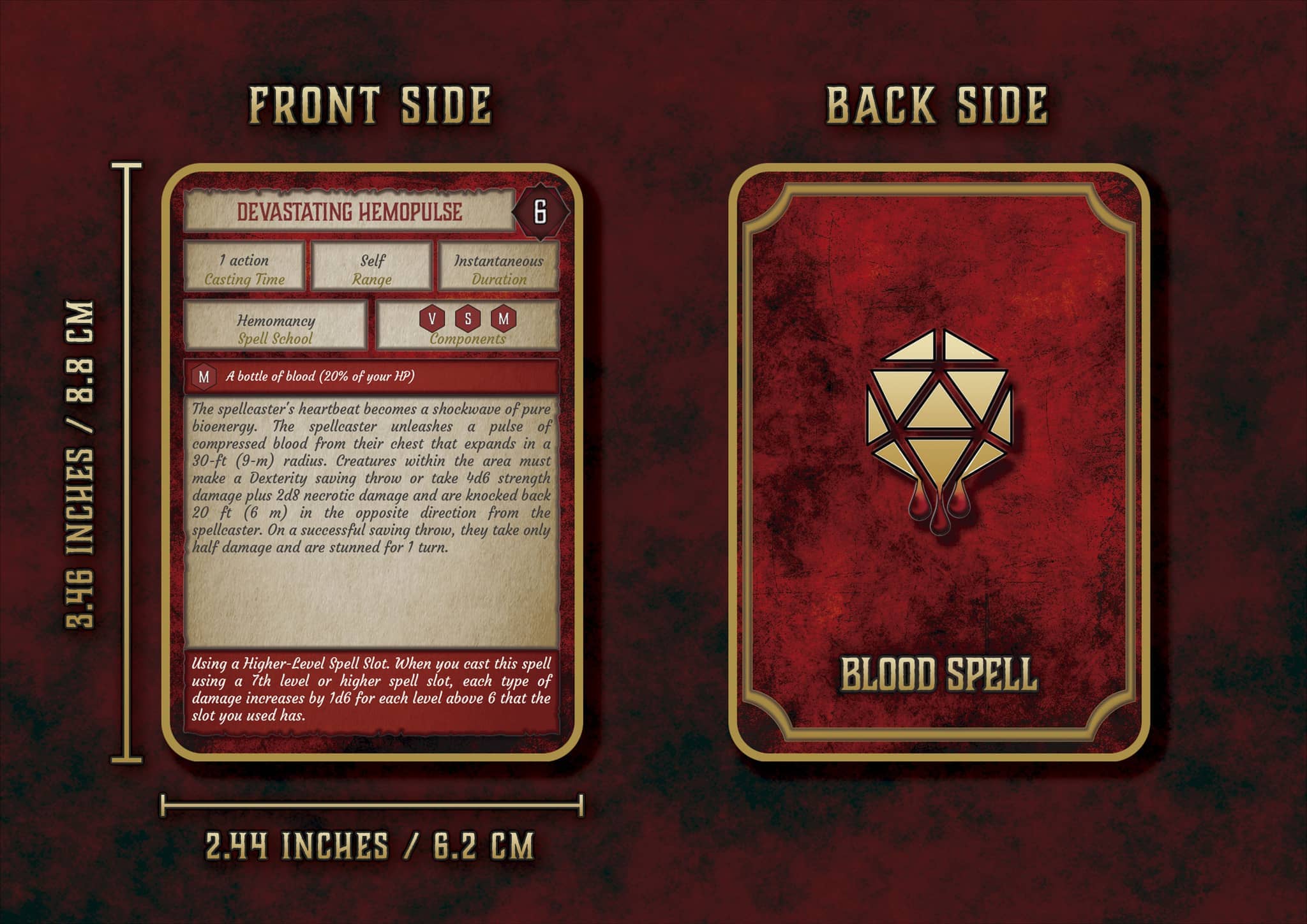 Carta digital magia sangre D&D 5E con hechizo devastador hemopulse y diseño de fondo