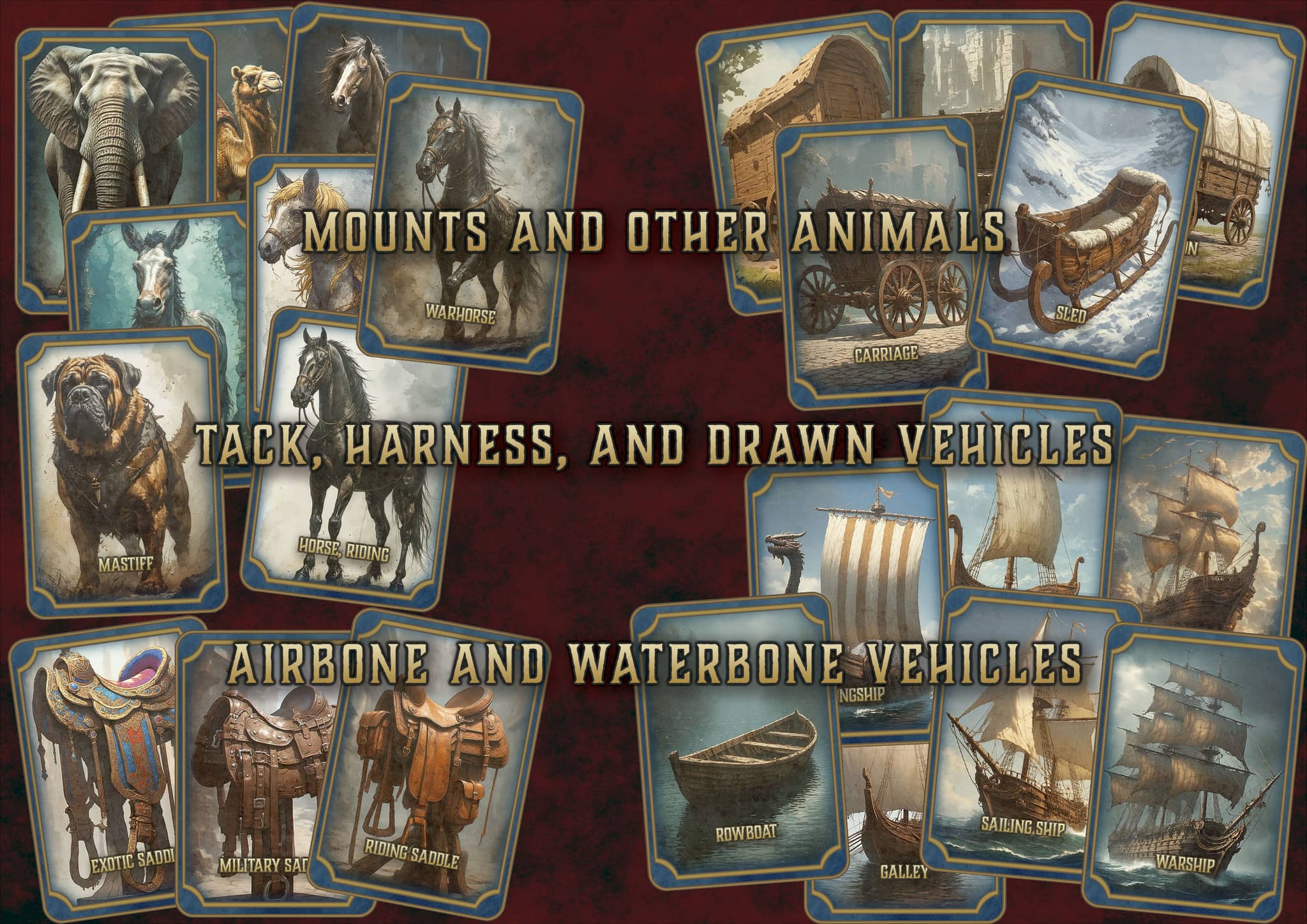 Tarjetas de vehiculos, monturas y otros animales para DnD 5E