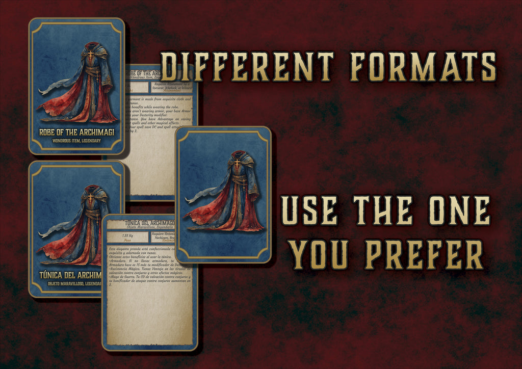 Objetos Maravillosos en diferentes formatos, incluyendo carta de túnica del archimago para juegos de mesa
