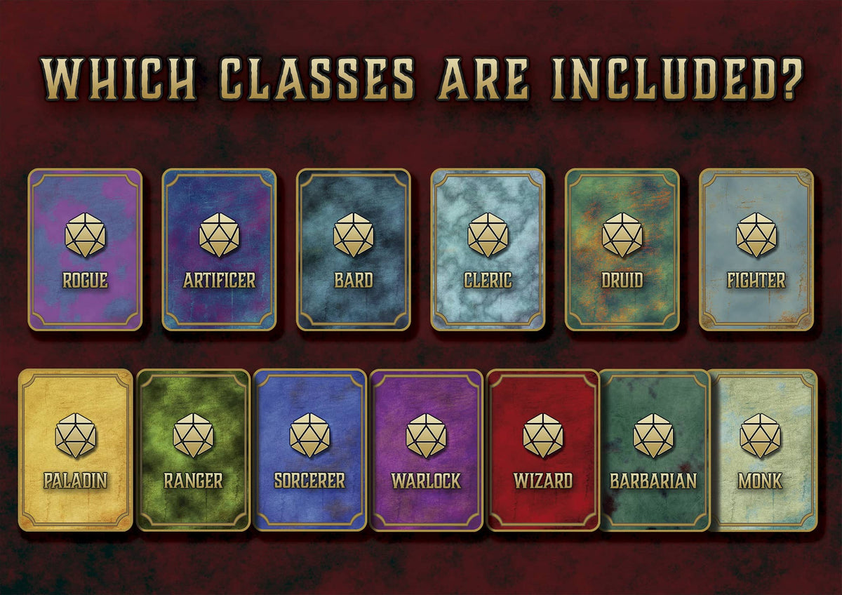 Pack Cartas Habilidades D&D 5E con clases como Guerrero, Mago y Pícaro