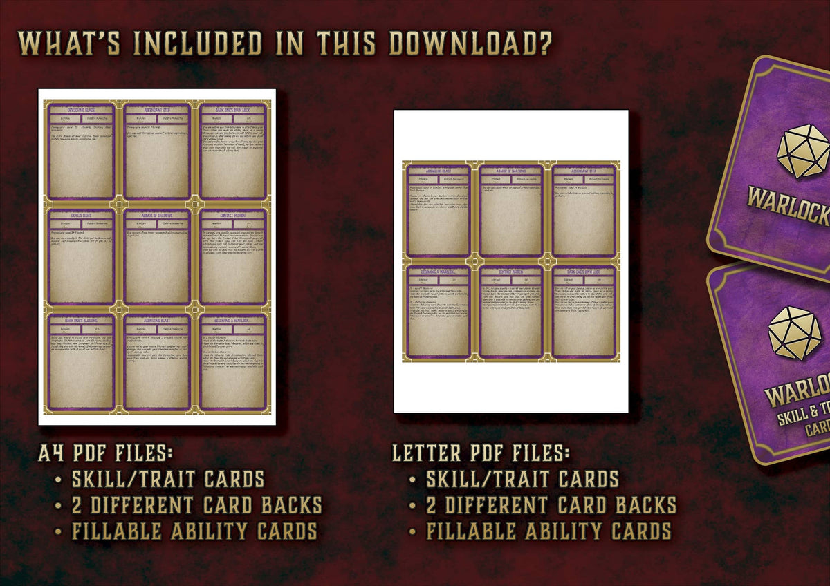 Pack Cartas Habilidades D&D 5E con cartas de habilidades y fondos rellenable en formato PDF