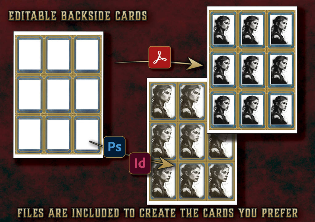 Pack dmg tarjetas reversibles editables D&D 5E 2023 con opción para personalizar en Photoshop e InDesign